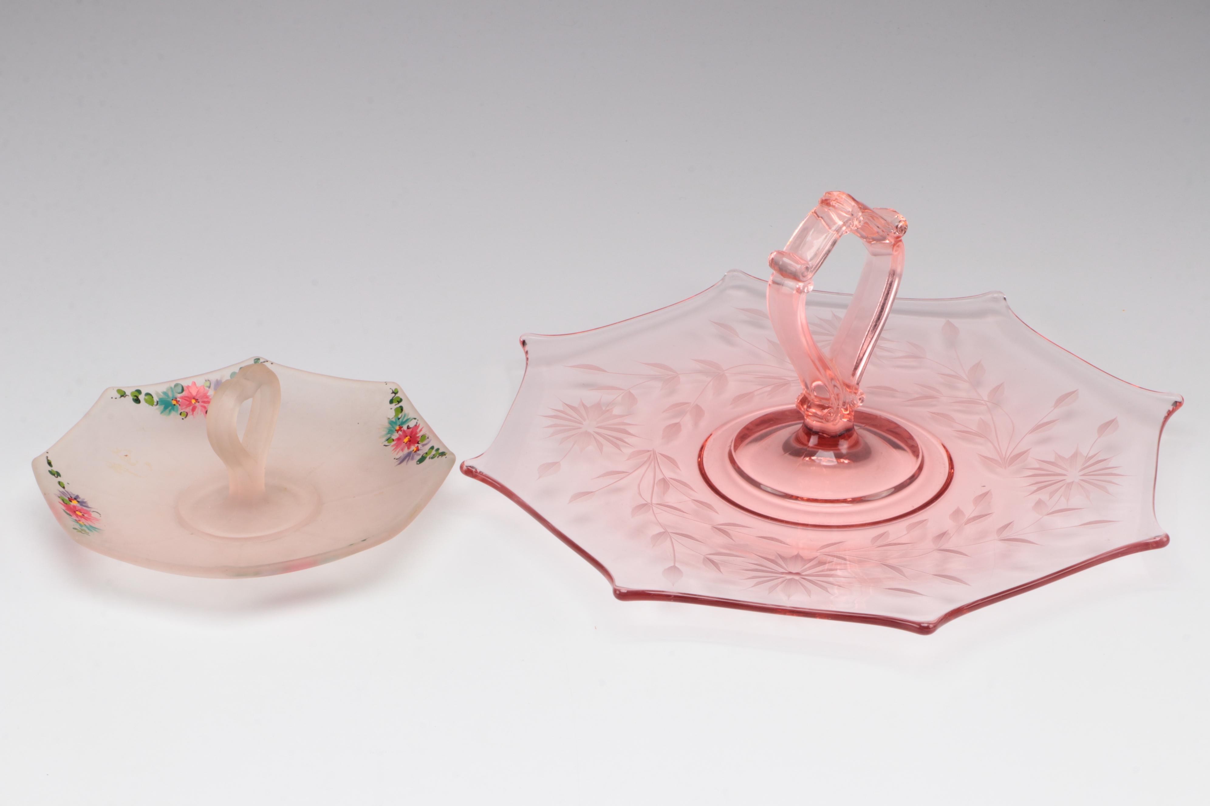 Pink Depression Glass and Pink Satin Glass Tidbit Tray, Mid-20th Century