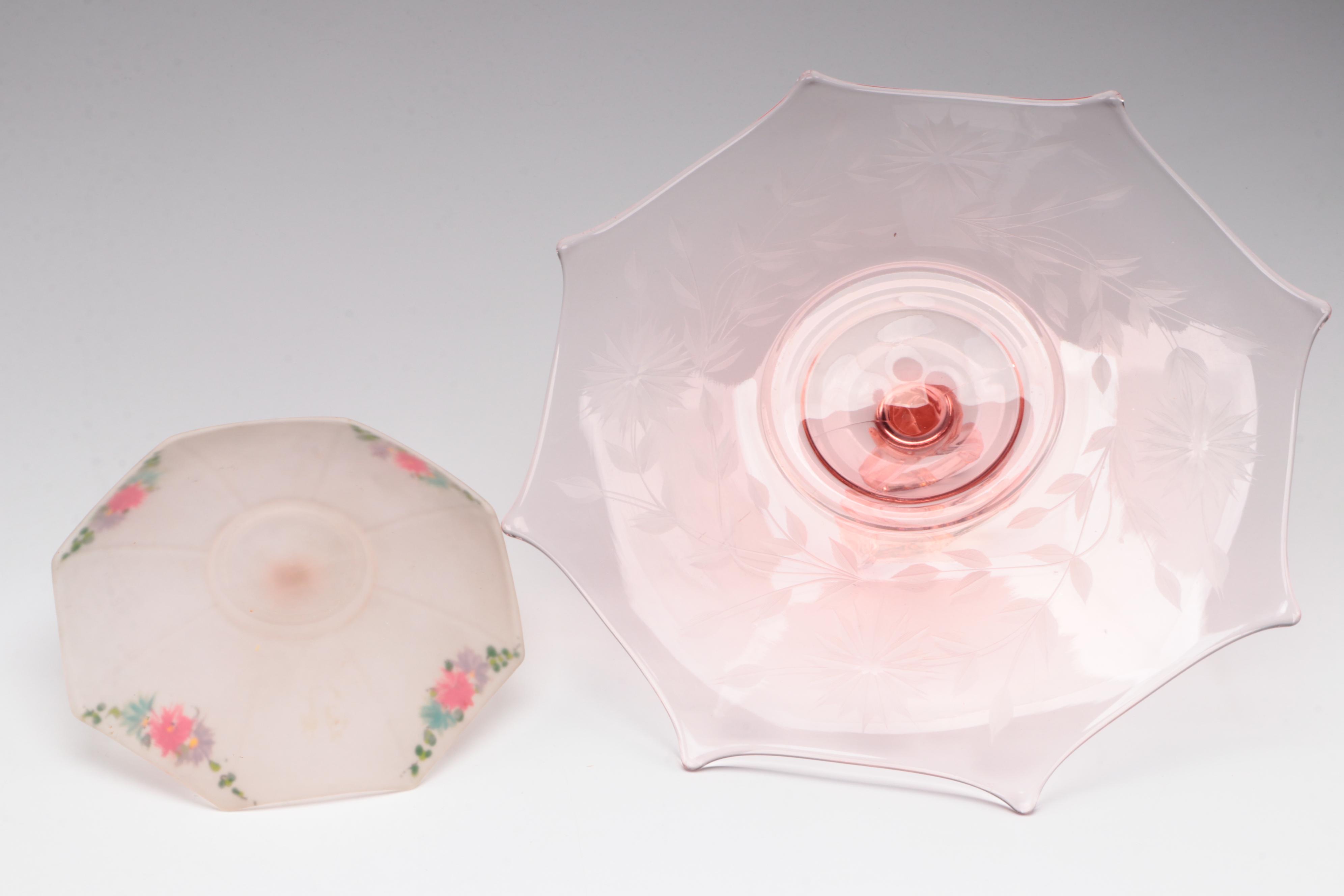 Pink Depression Glass and Pink Satin Glass Tidbit Tray, Mid-20th Century
