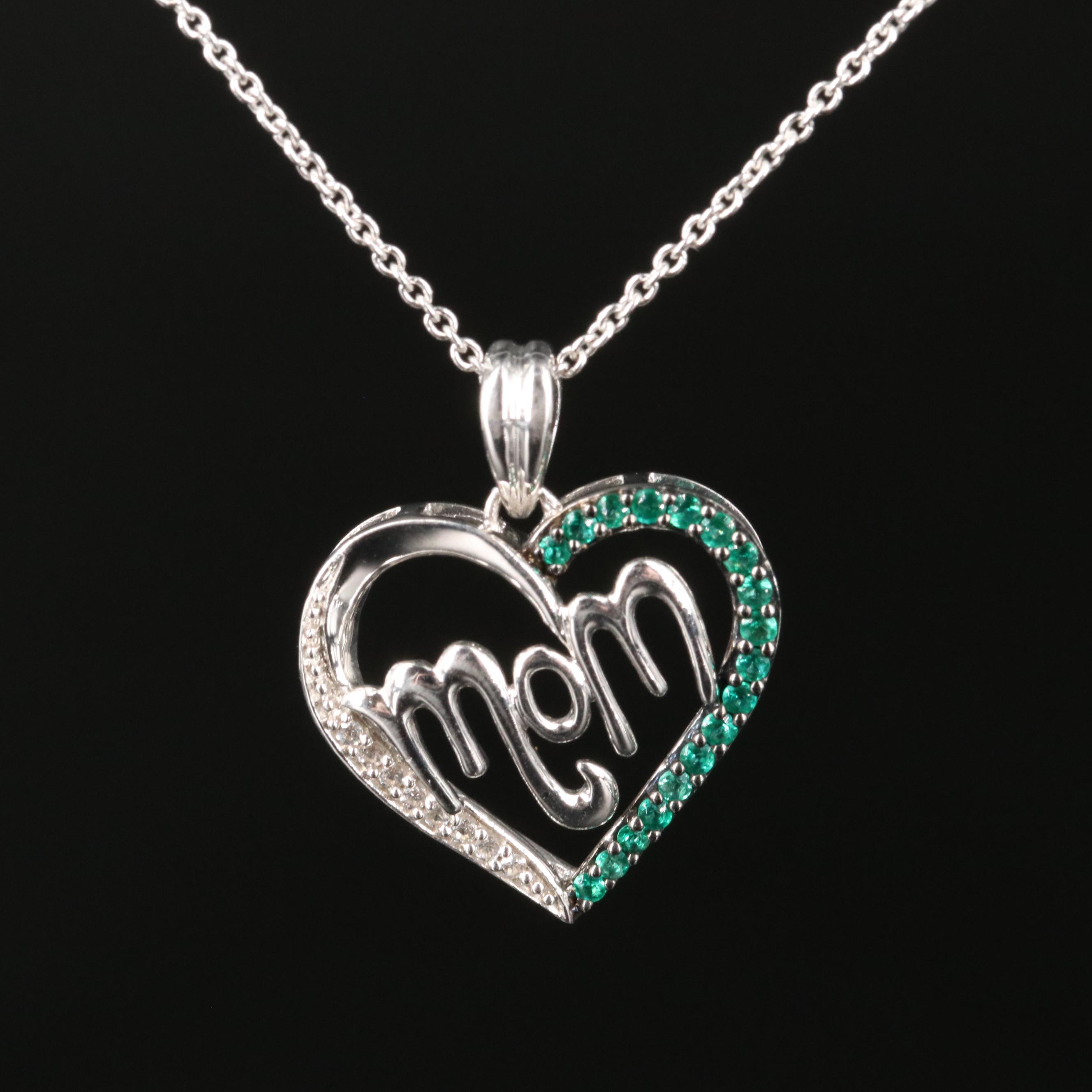 Sterling Emerald and Sapphire "Mom" Heart Pendant Necklace