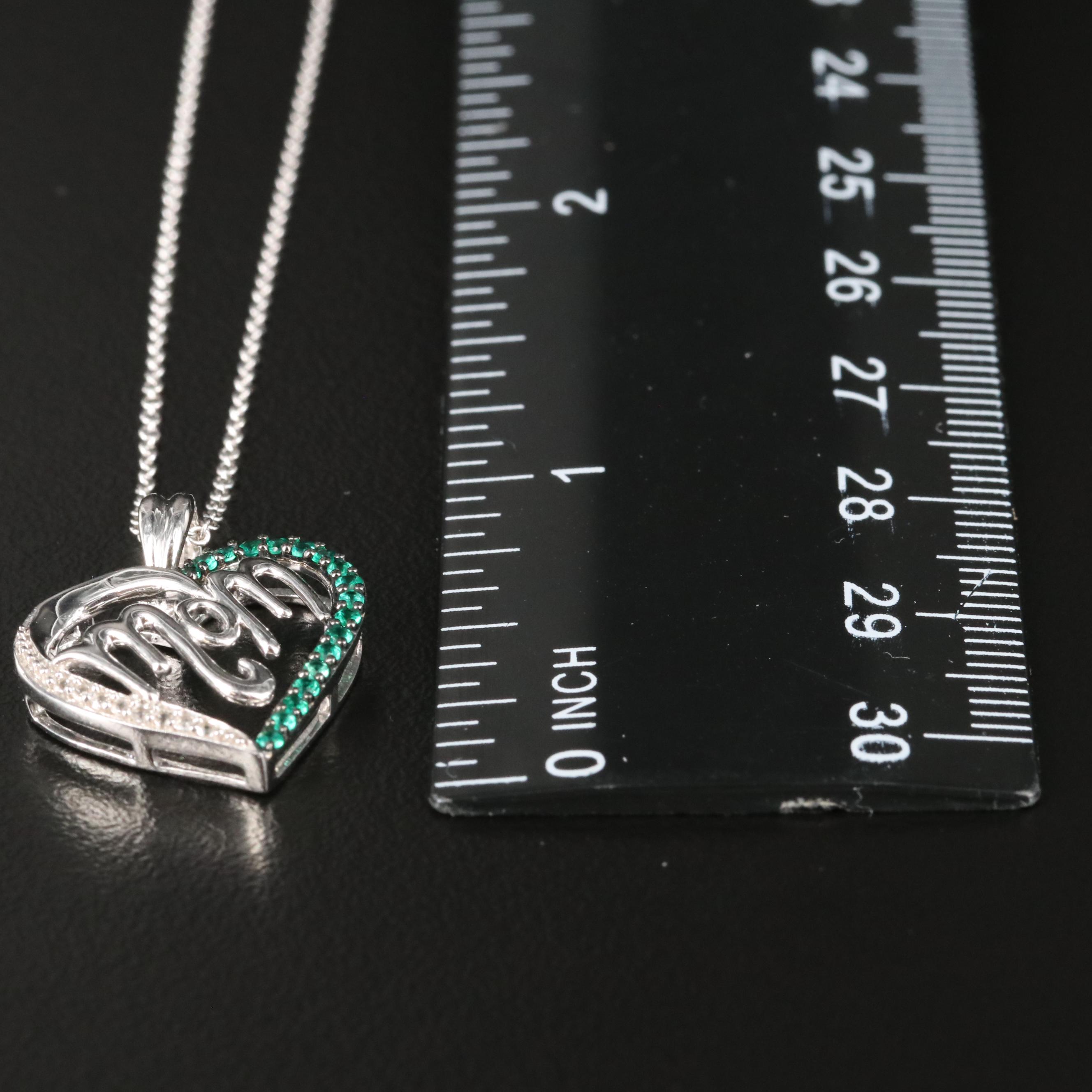 Sterling Emerald and Sapphire "Mom" Heart Pendant Necklace