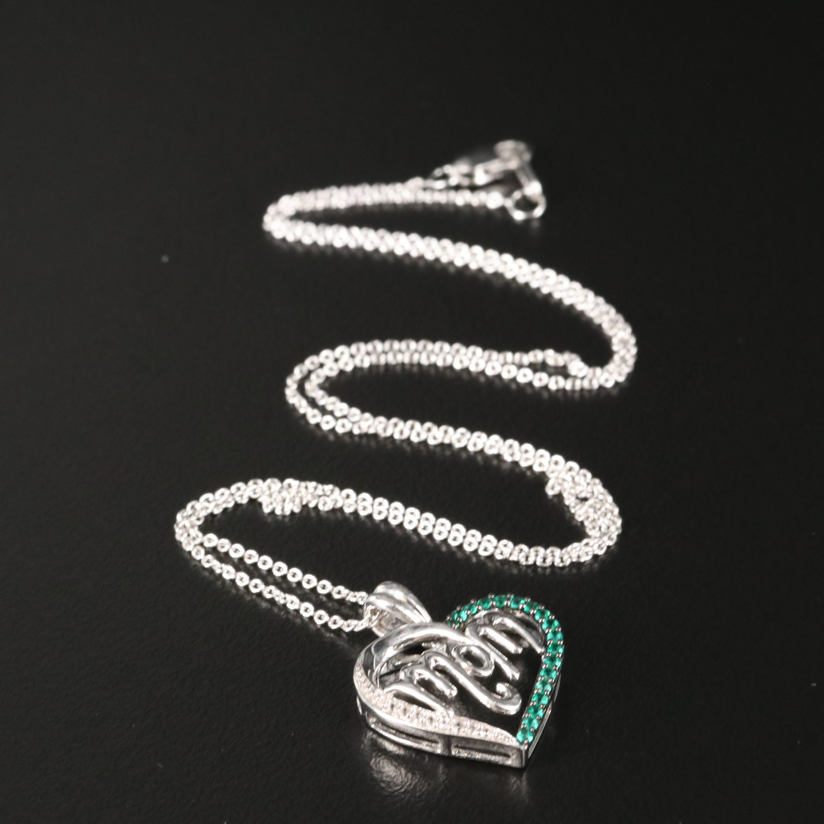 Sterling Emerald and Sapphire "Mom" Heart Pendant Necklace