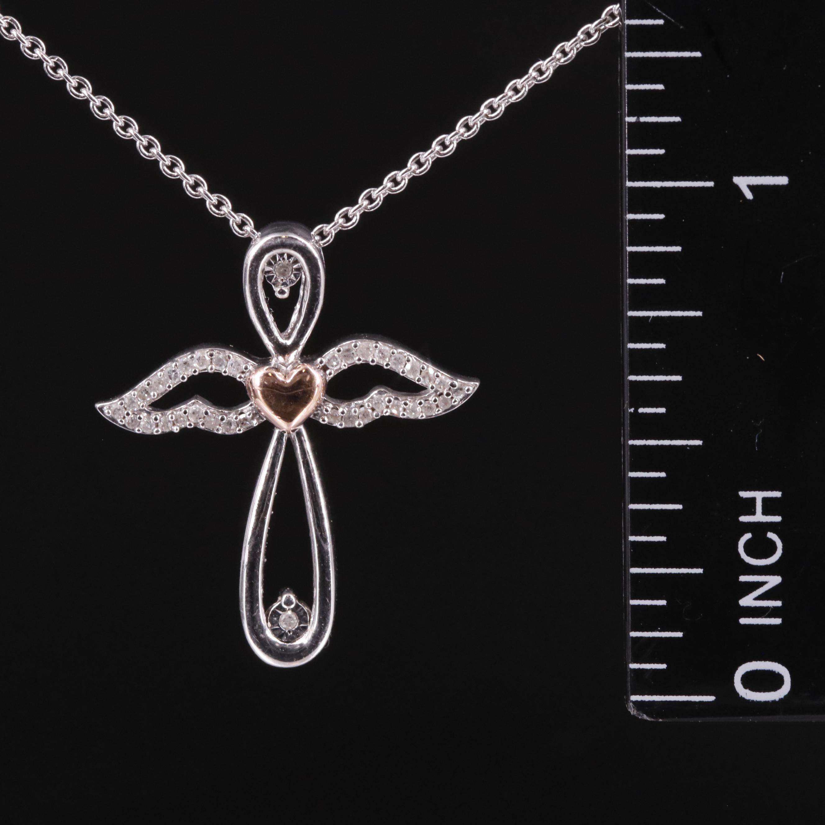Sterling Diamond Cross Angel Pendant Necklace