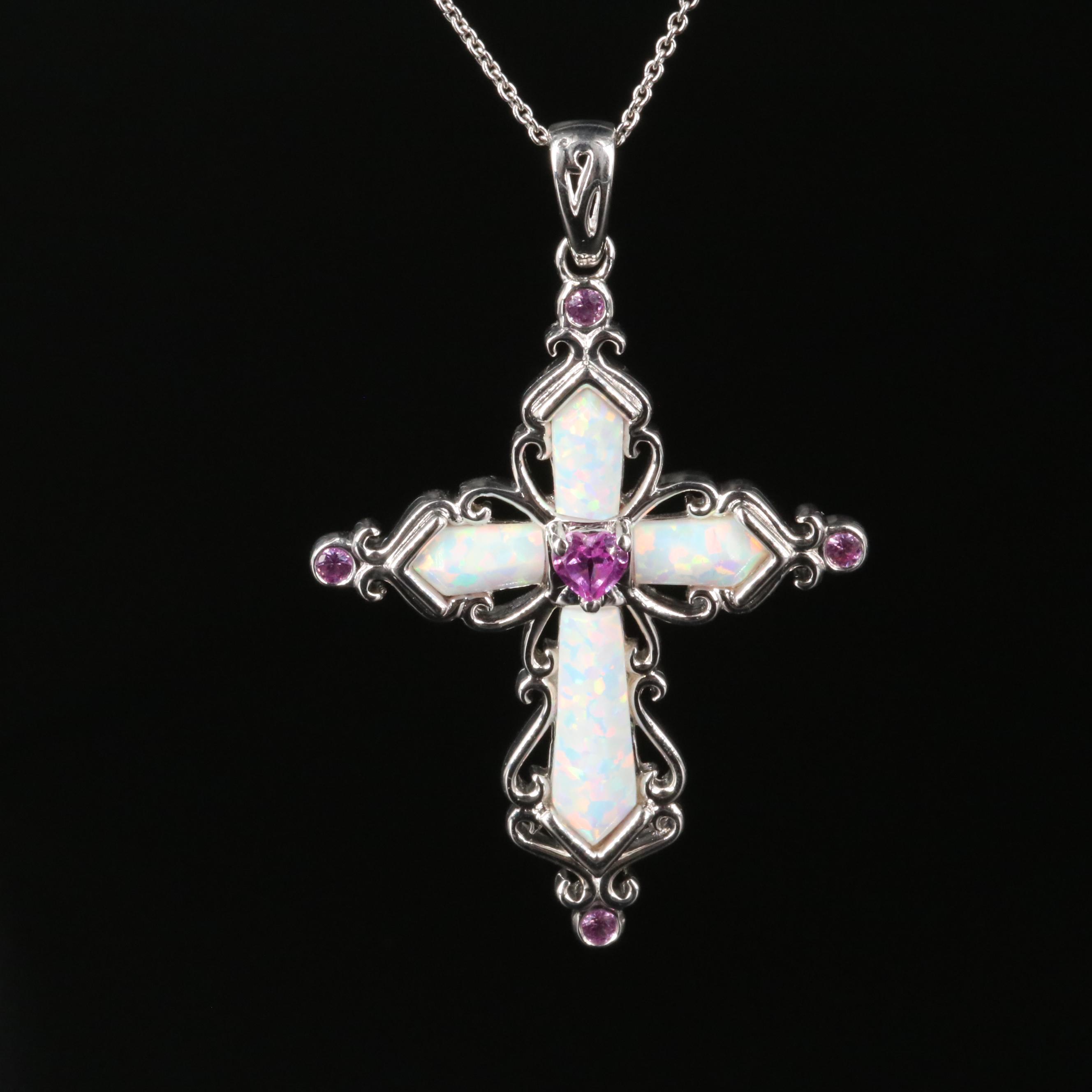 Sterling Opal and Sapphire Cross Necklace
