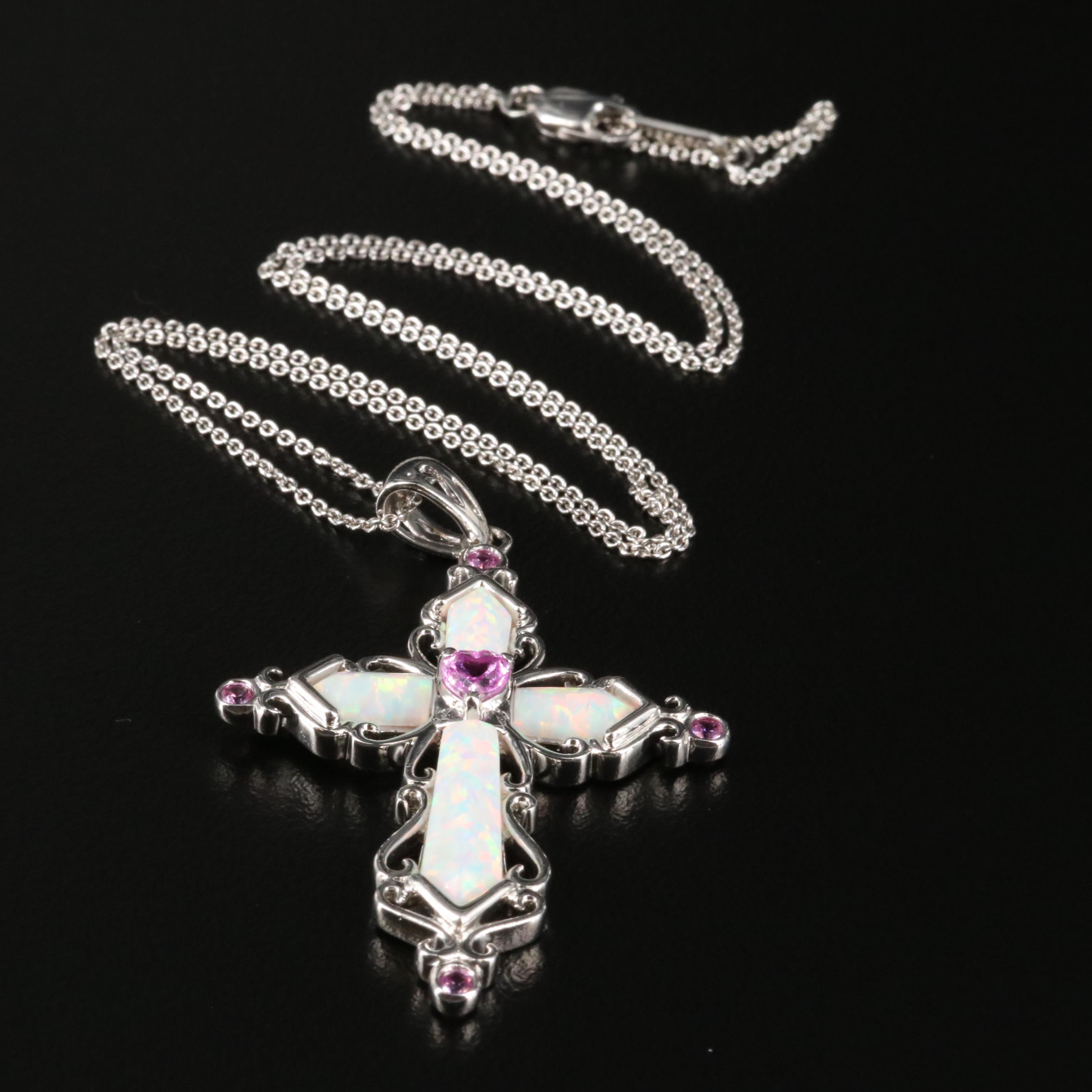 Sterling Opal and Sapphire Cross Necklace