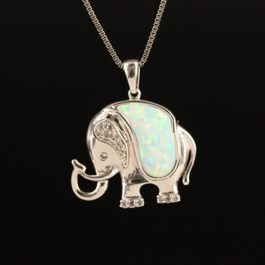 Sterling Opal and White Sapphire Elephant Necklace