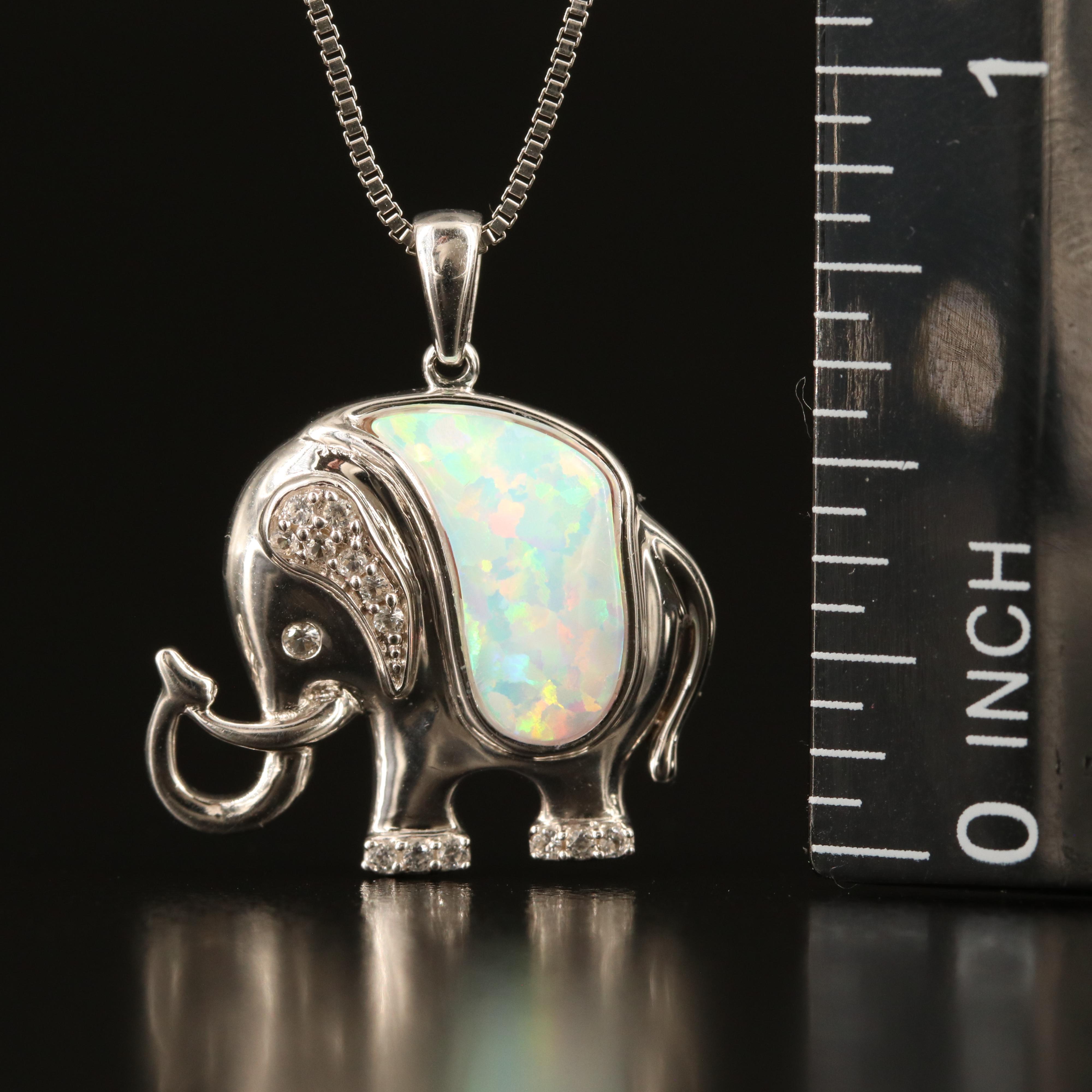 Sterling Opal and White Sapphire Elephant Necklace