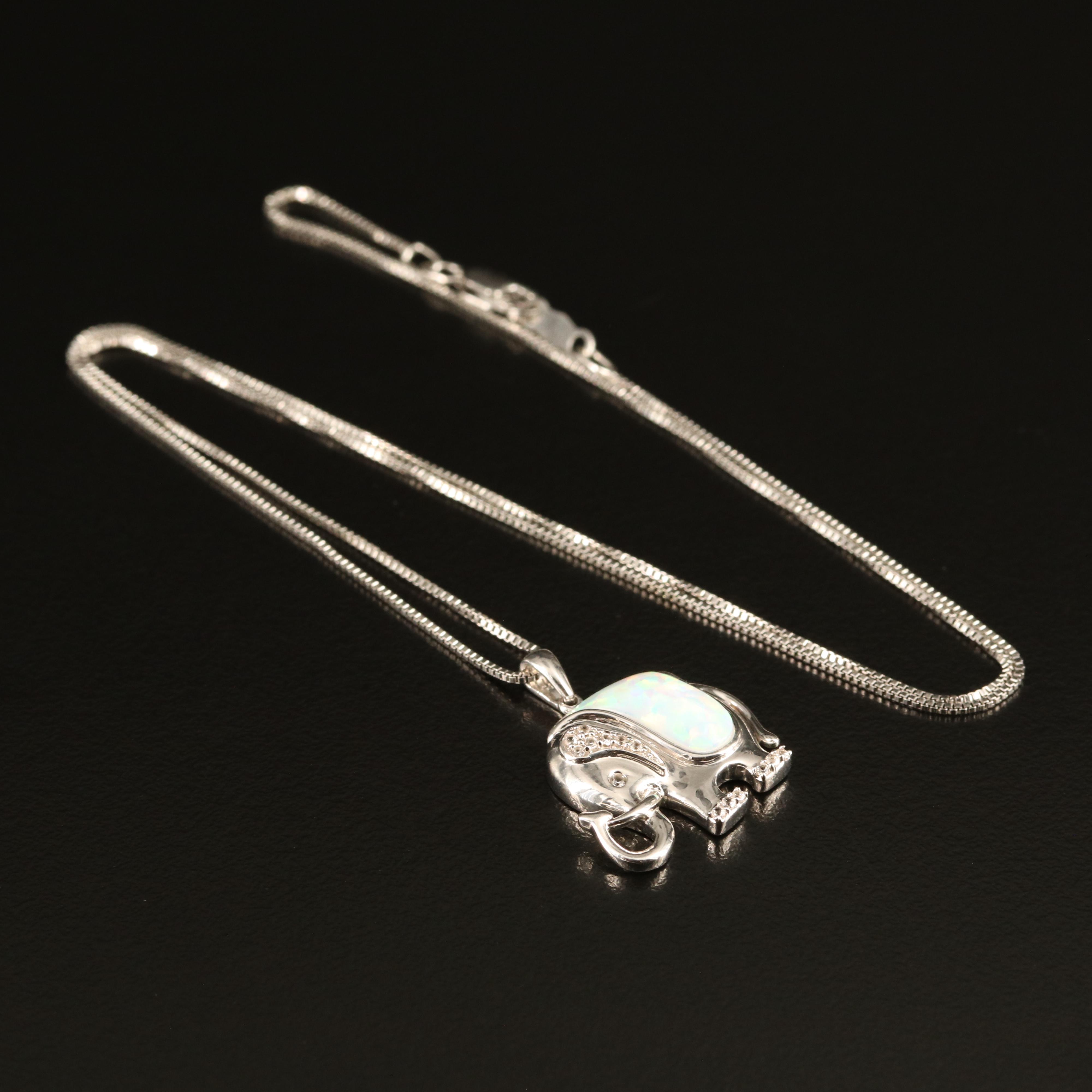 Sterling Opal and White Sapphire Elephant Necklace