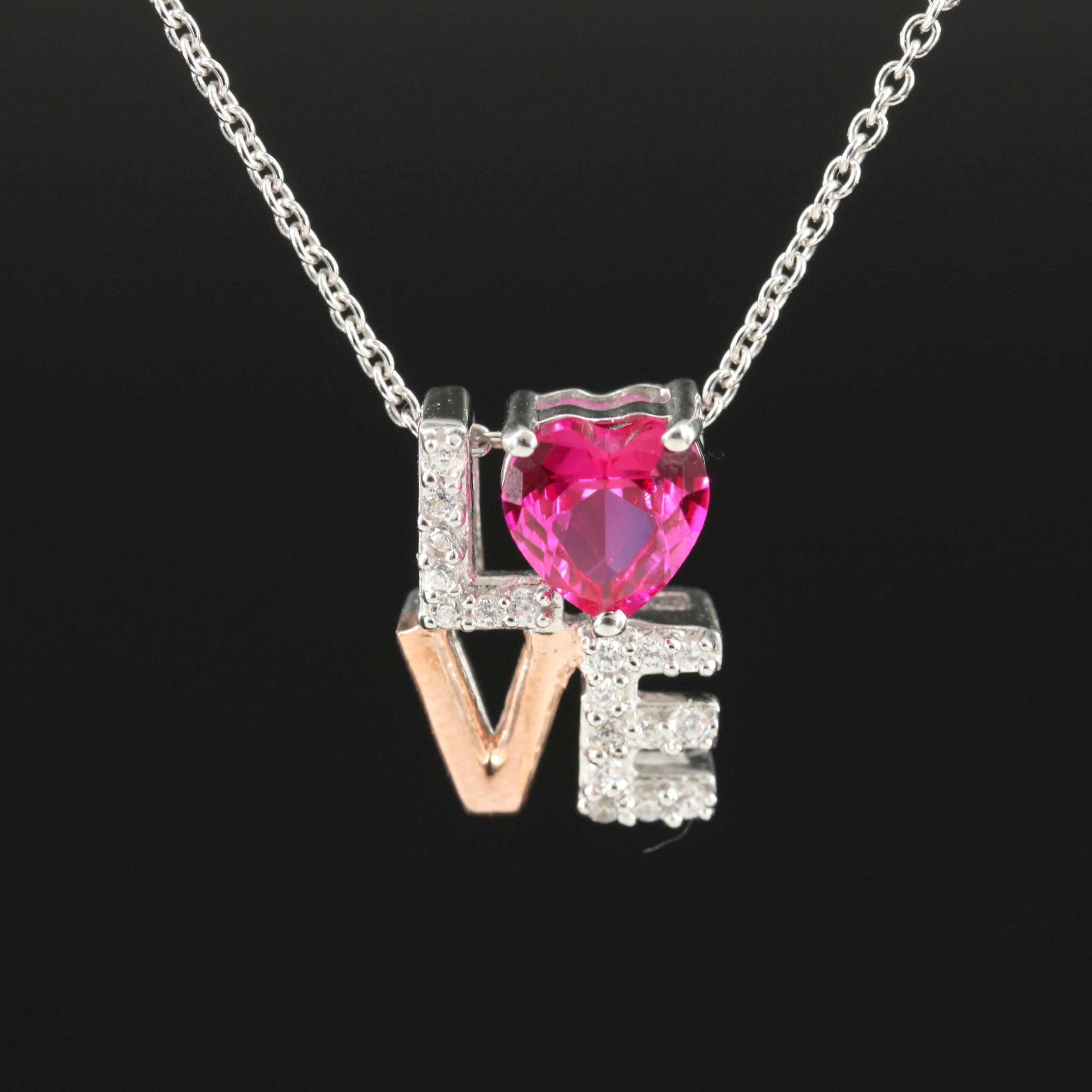 Sterling Ruby and Cubic Zirconia Love Pendant Necklace