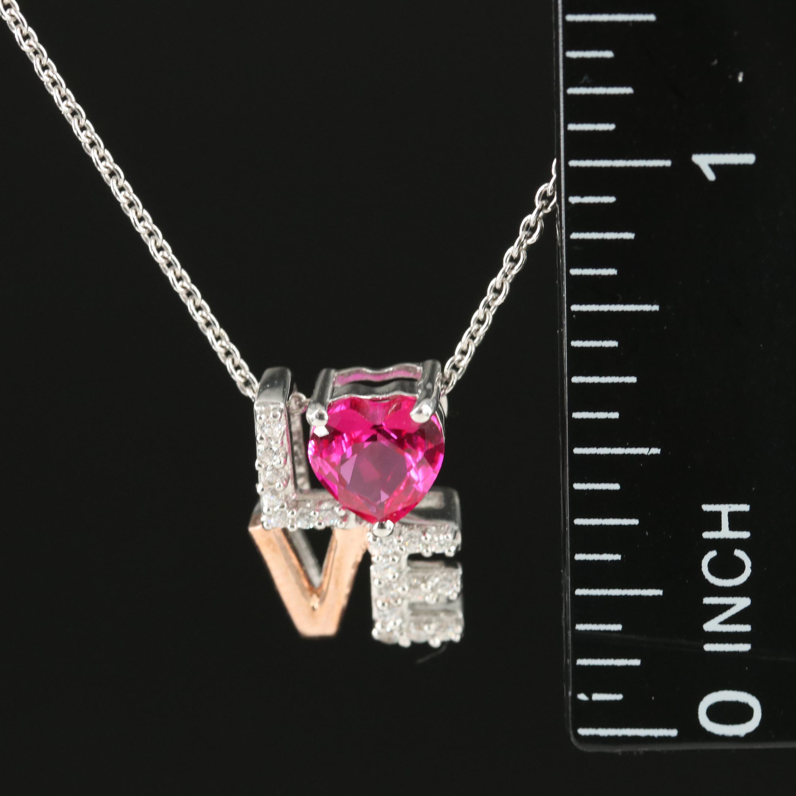 Sterling Ruby and Cubic Zirconia Love Pendant Necklace