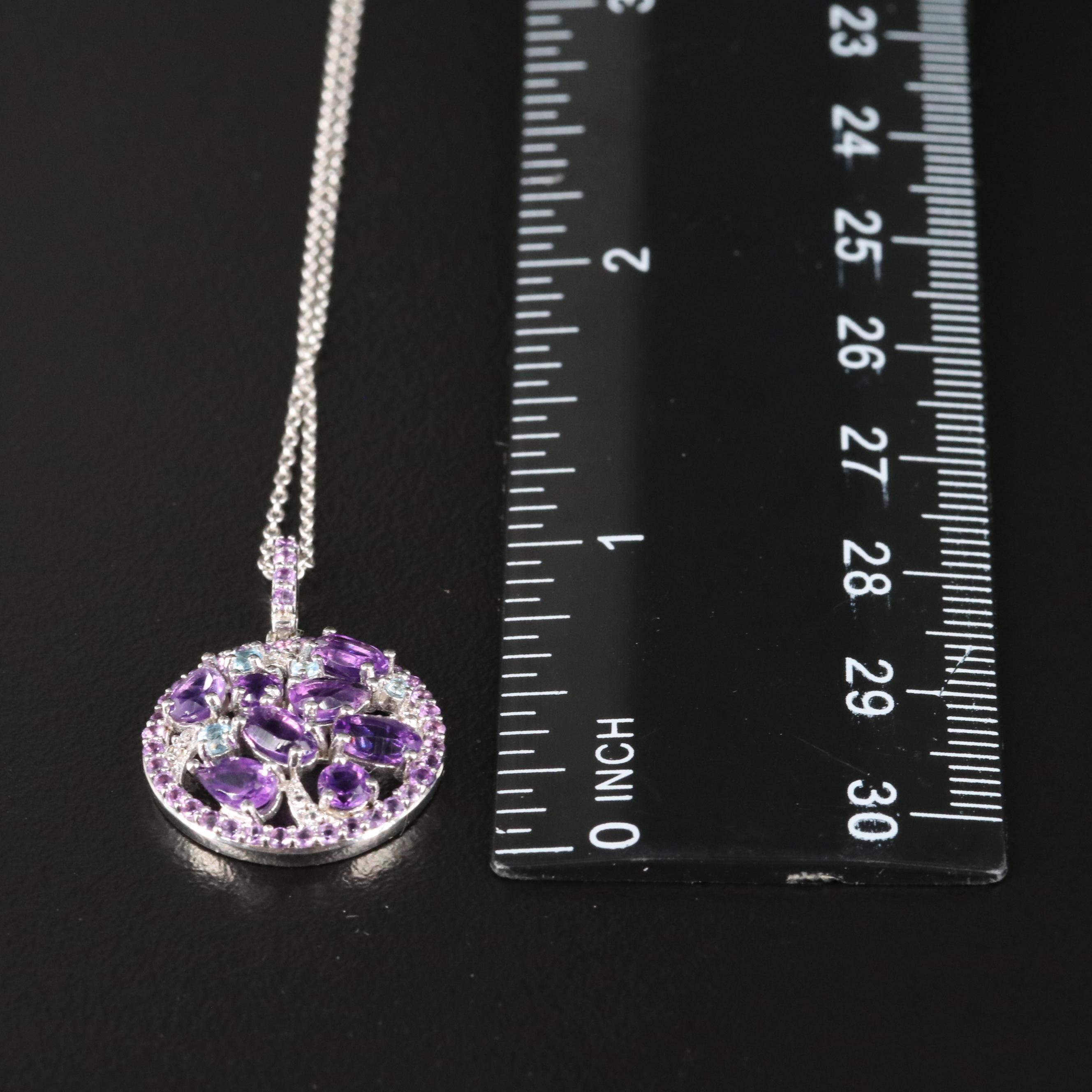 Sterling Amethyst, Sky Blue Topaz and White Sapphire Cluster Pendant Necklace