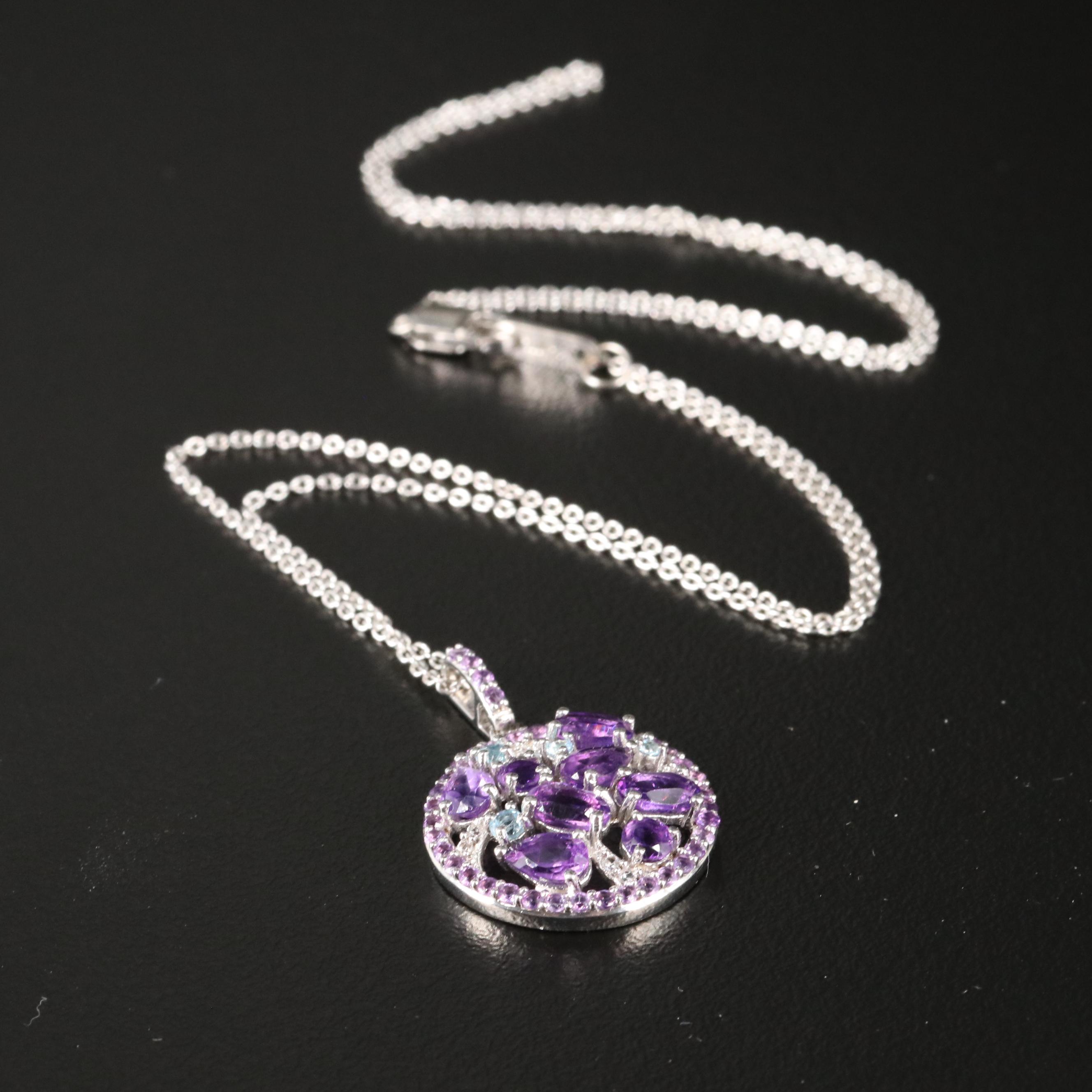 Sterling Amethyst, Sky Blue Topaz and White Sapphire Cluster Pendant Necklace