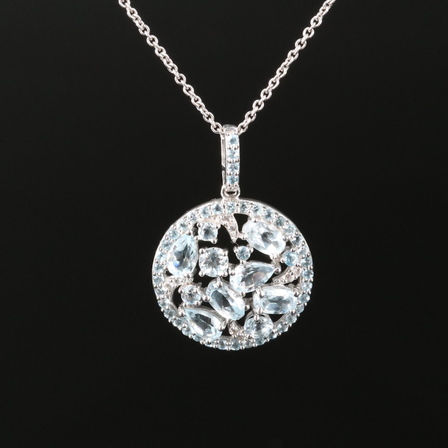 Sterling Sky Blue Topaz and White Sapphire Cluster Pendant Necklace