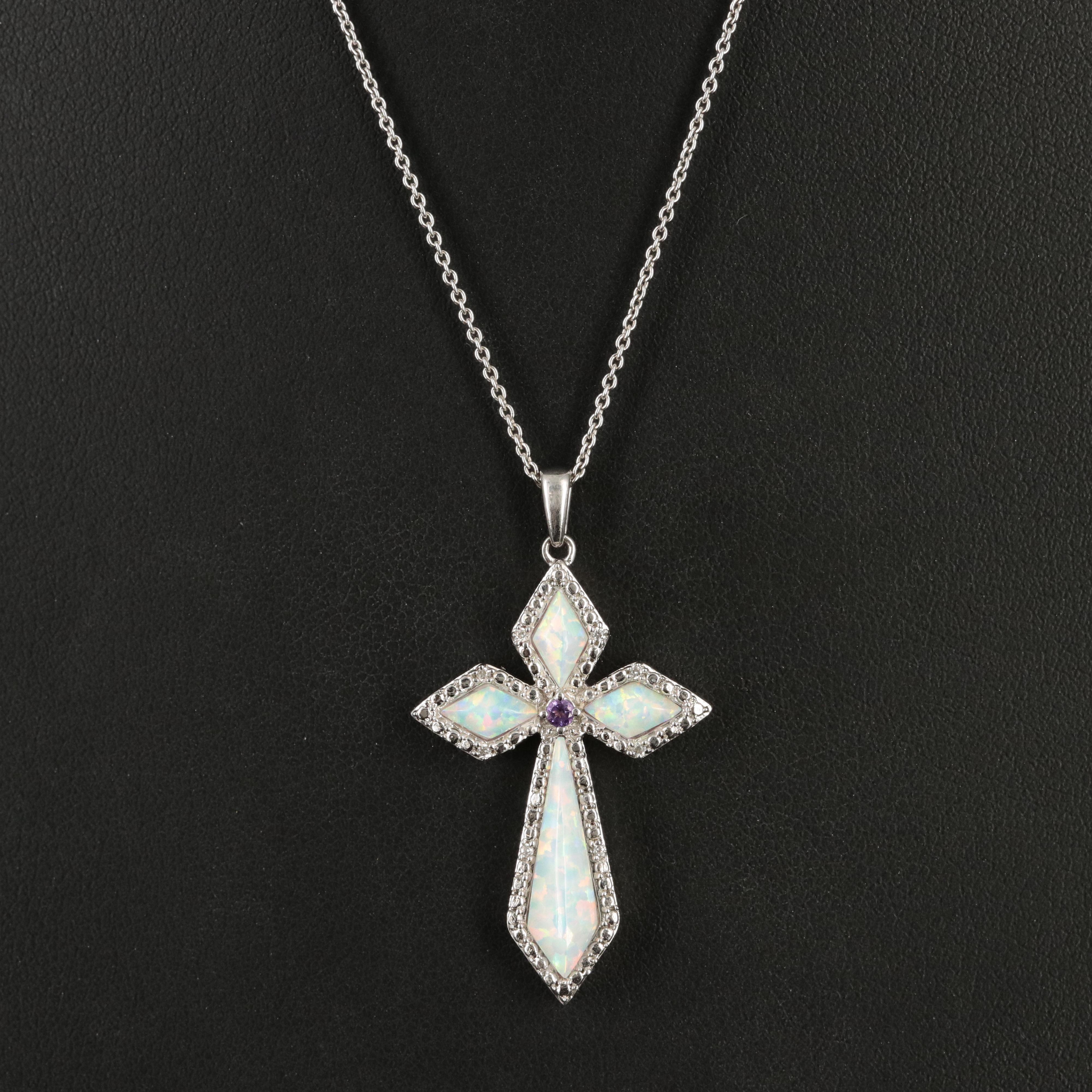 Sterling Opal, Amethyst and Sapphire Cross Pendant Necklace