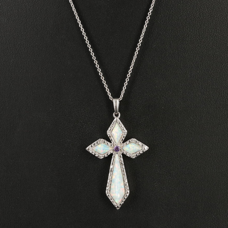 Sterling Opal, Amethyst and Sapphire Cross Pendant Necklace