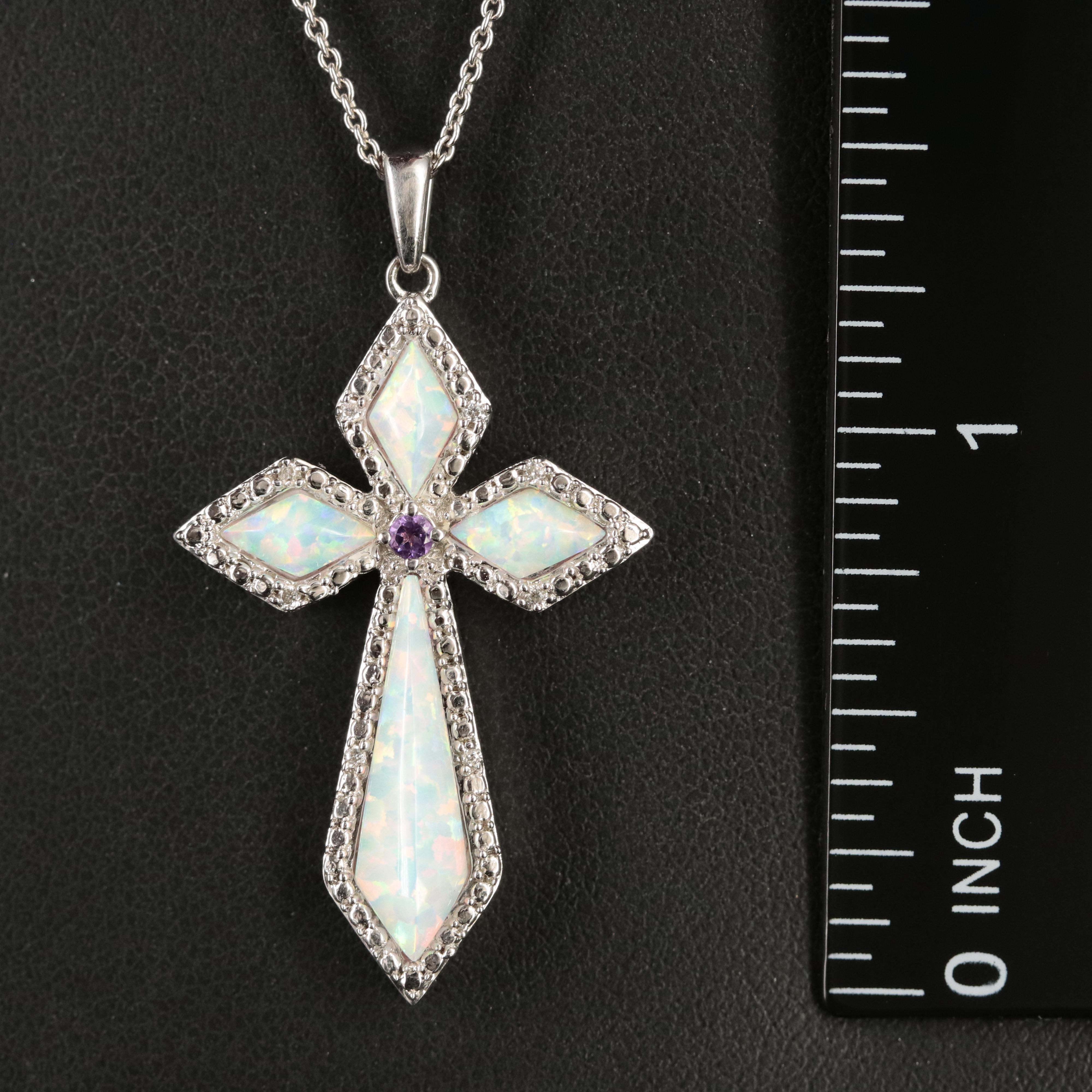 Sterling Opal, Amethyst and Sapphire Cross Pendant Necklace