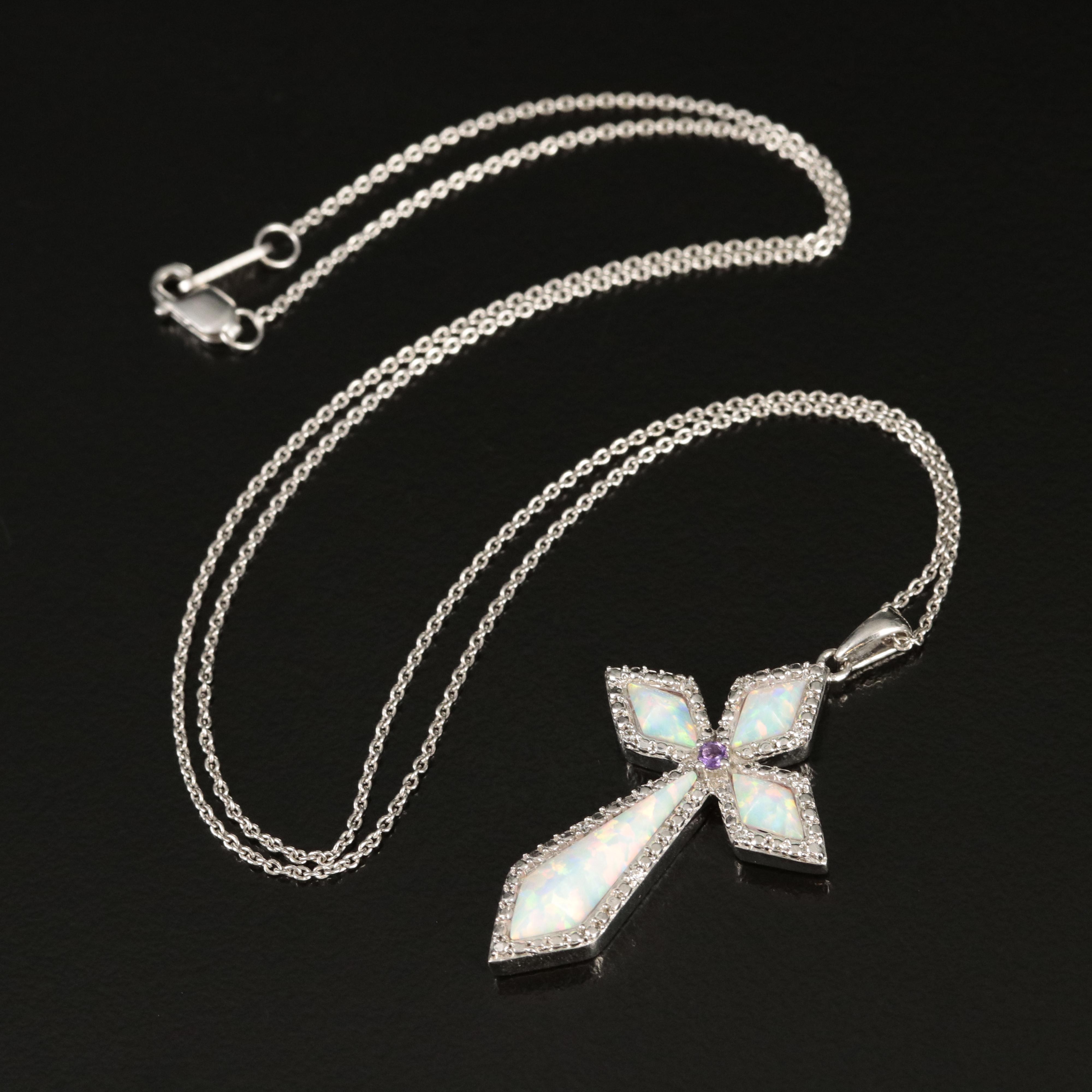Sterling Opal, Amethyst and Sapphire Cross Pendant Necklace