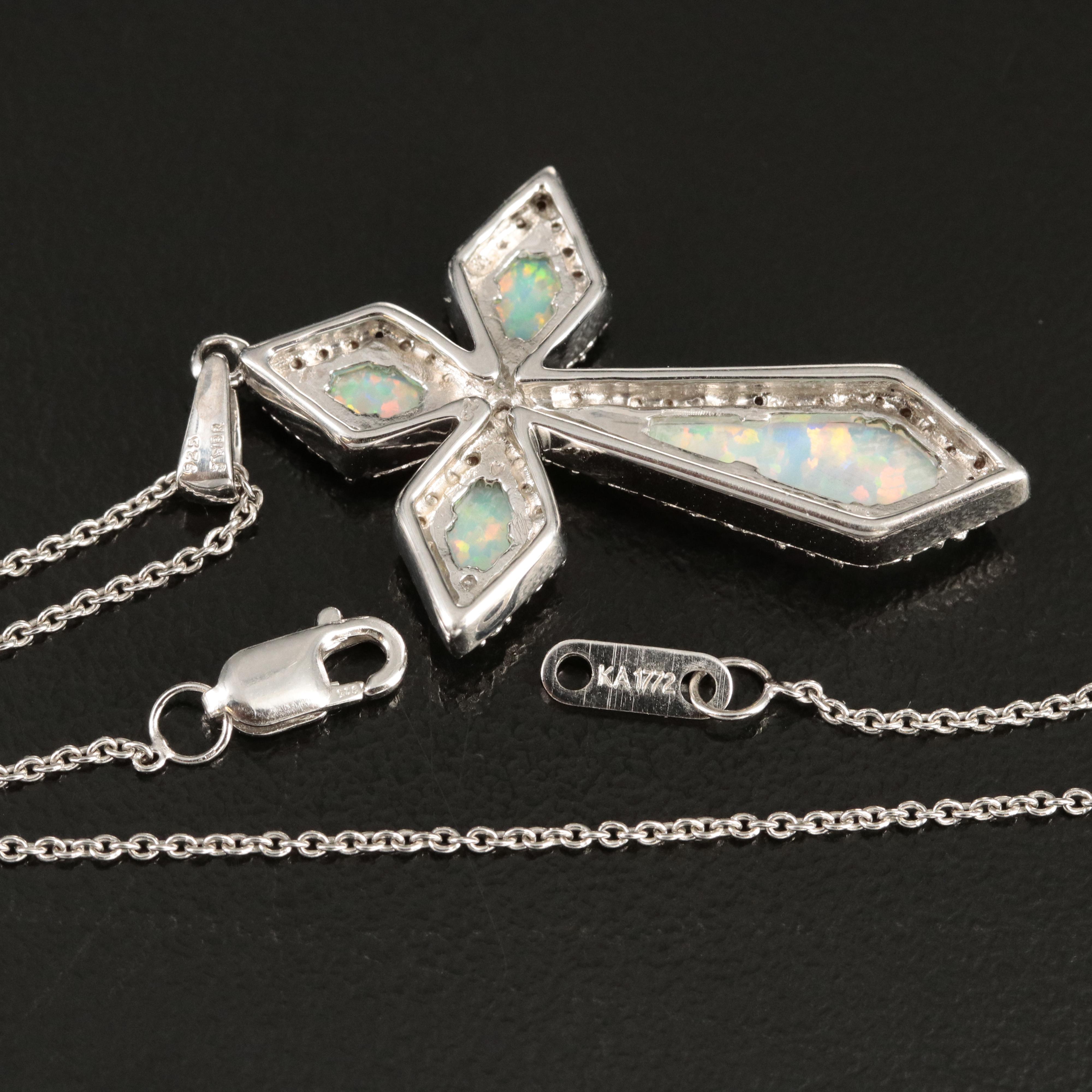 Sterling Opal, Amethyst and Sapphire Cross Pendant Necklace