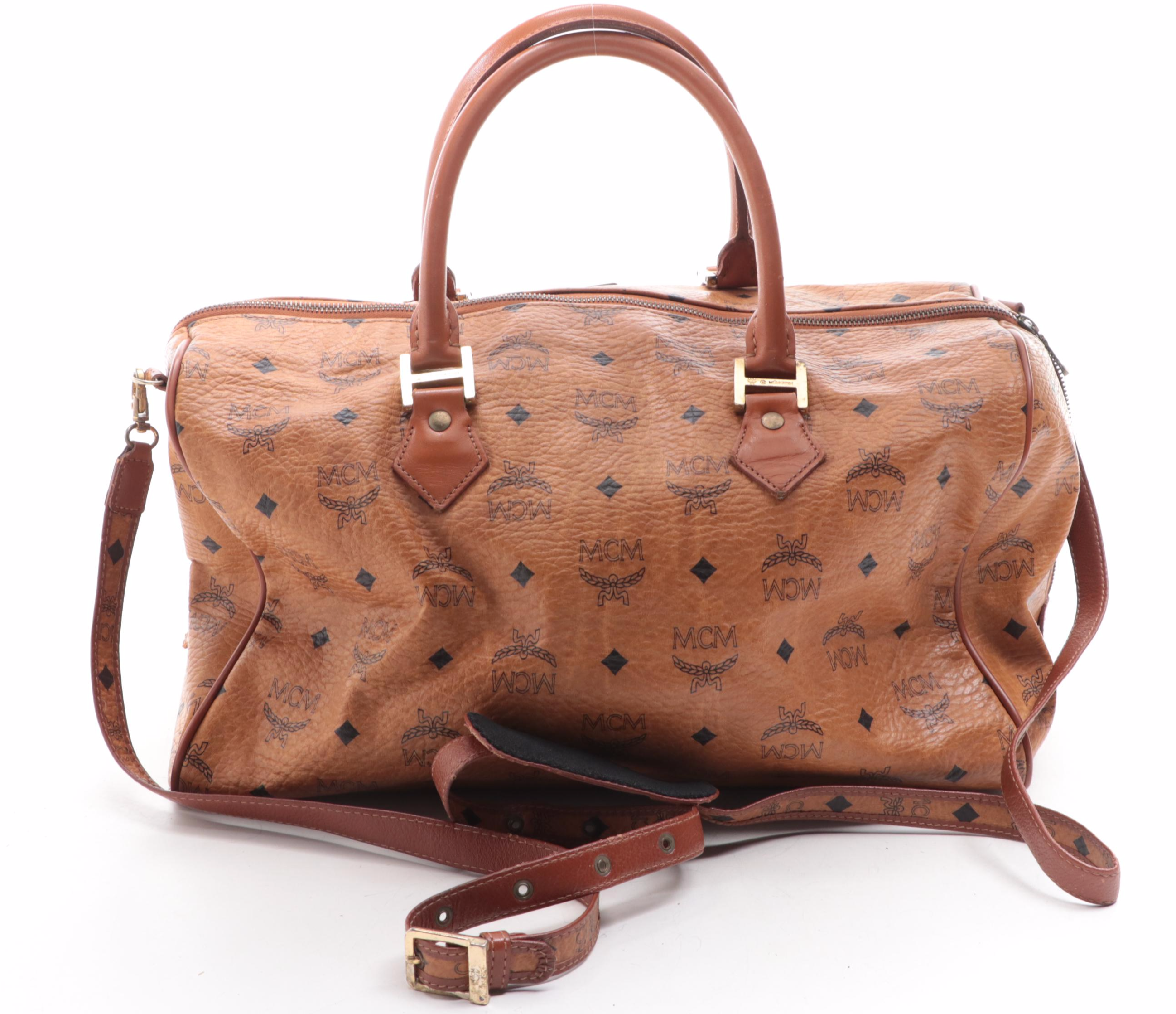 MCM Small Duffle Bag in Cognac Visetos Monogram Canvas and Leather