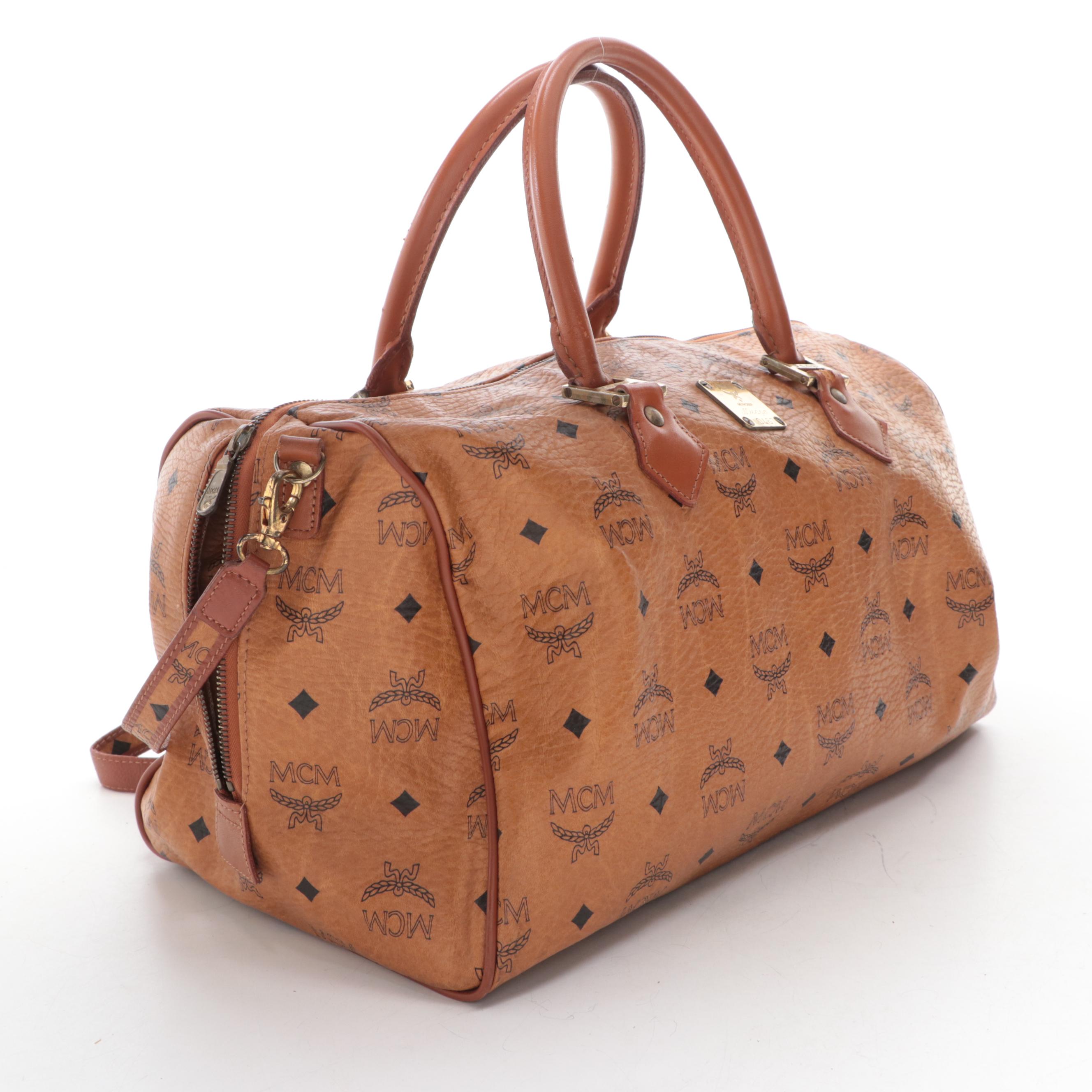 MCM Small Duffle Bag in Cognac Visetos Monogram Canvas and Leather