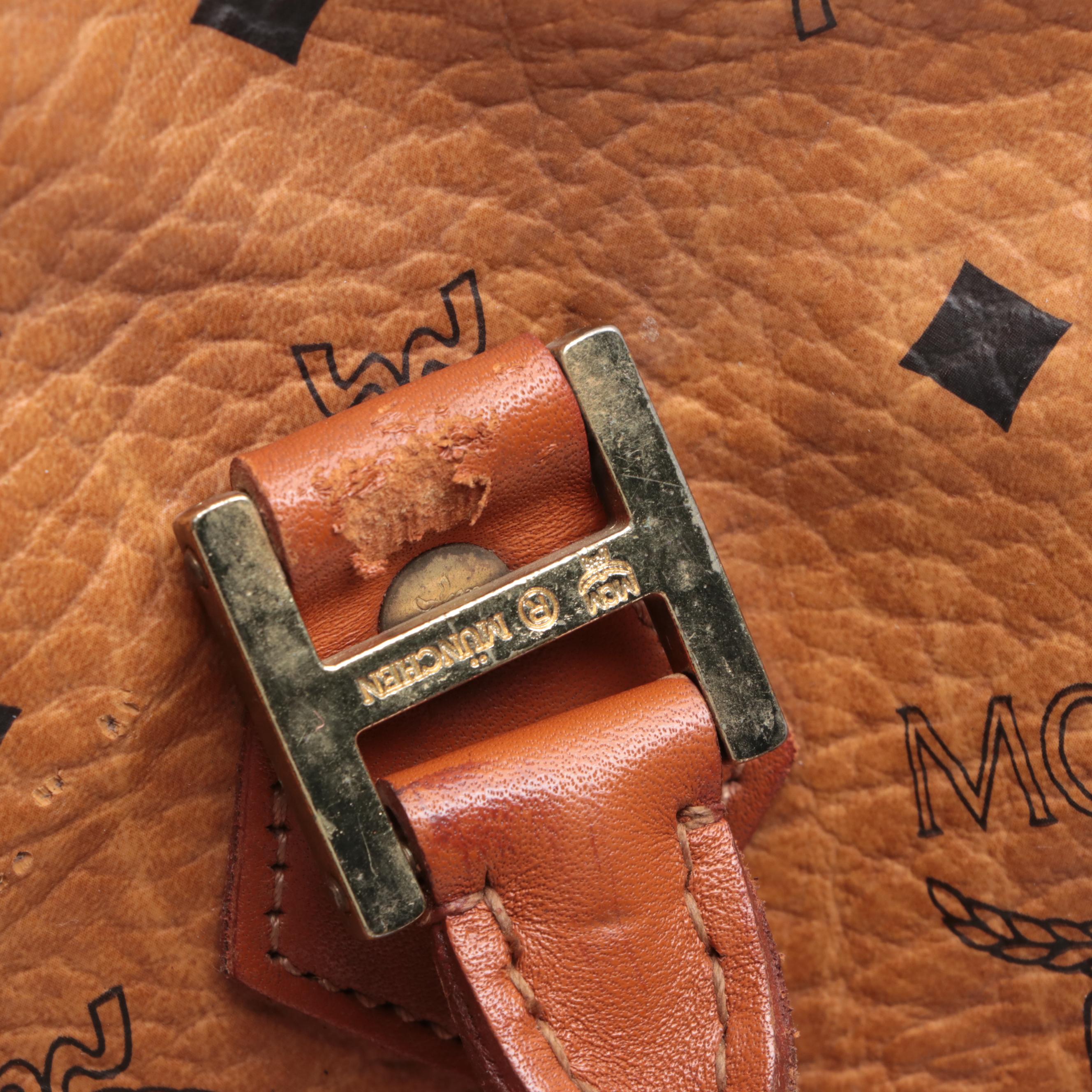 MCM Small Duffle Bag in Cognac Visetos Monogram Canvas and Leather