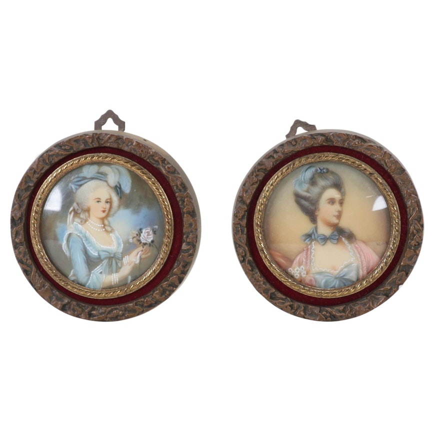 Miniature Celluloid Portrait Oil Paintings of Women, Early 20th Century