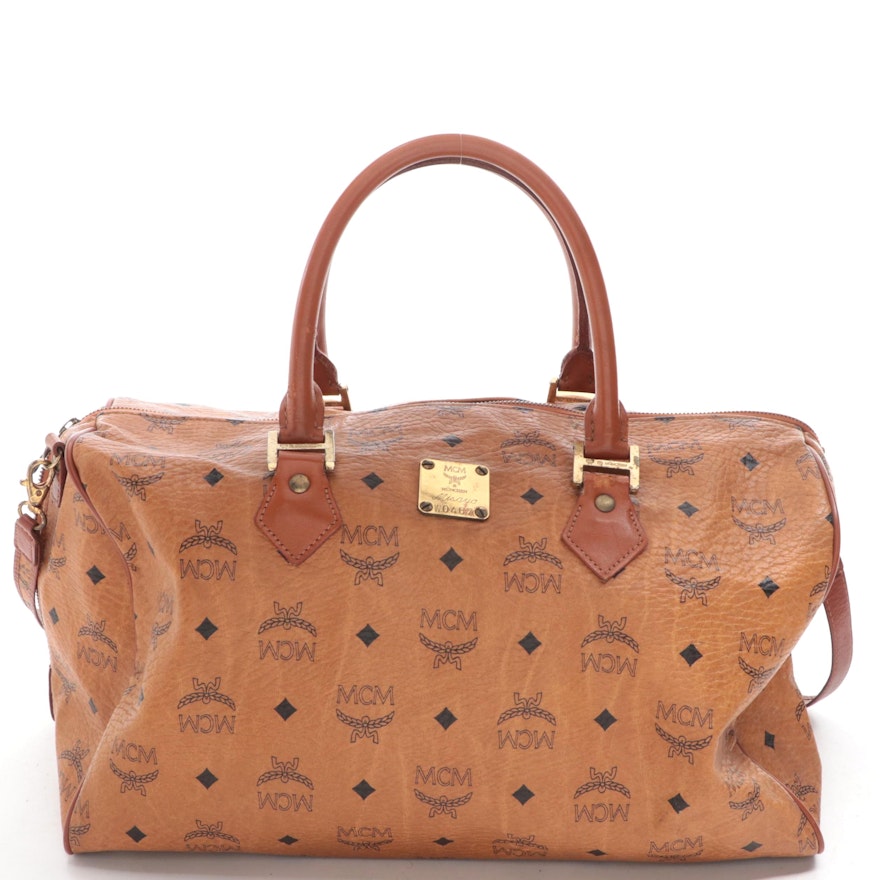 MCM Small Duffle Bag in Cognac Visetos Monogram Canvas and Leather