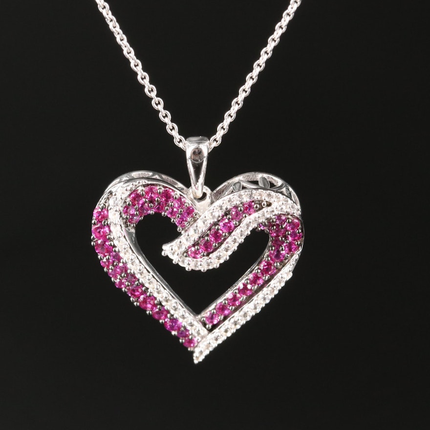 Sterling Ruby and White Sapphire Heart Pendant Necklace