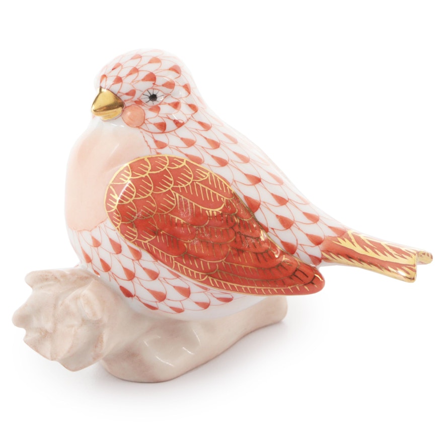 Herend Rust Fishnet with Gold "Little Bird" Porcelain Figurine