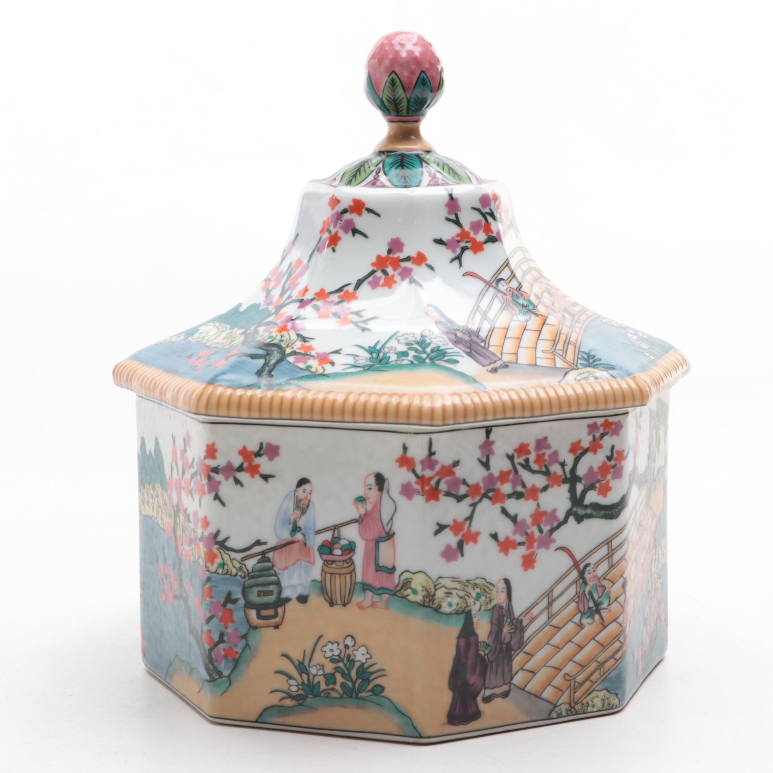 Gump's San Francisco Chinese Garden Scene Porcelain Octagonal Jar