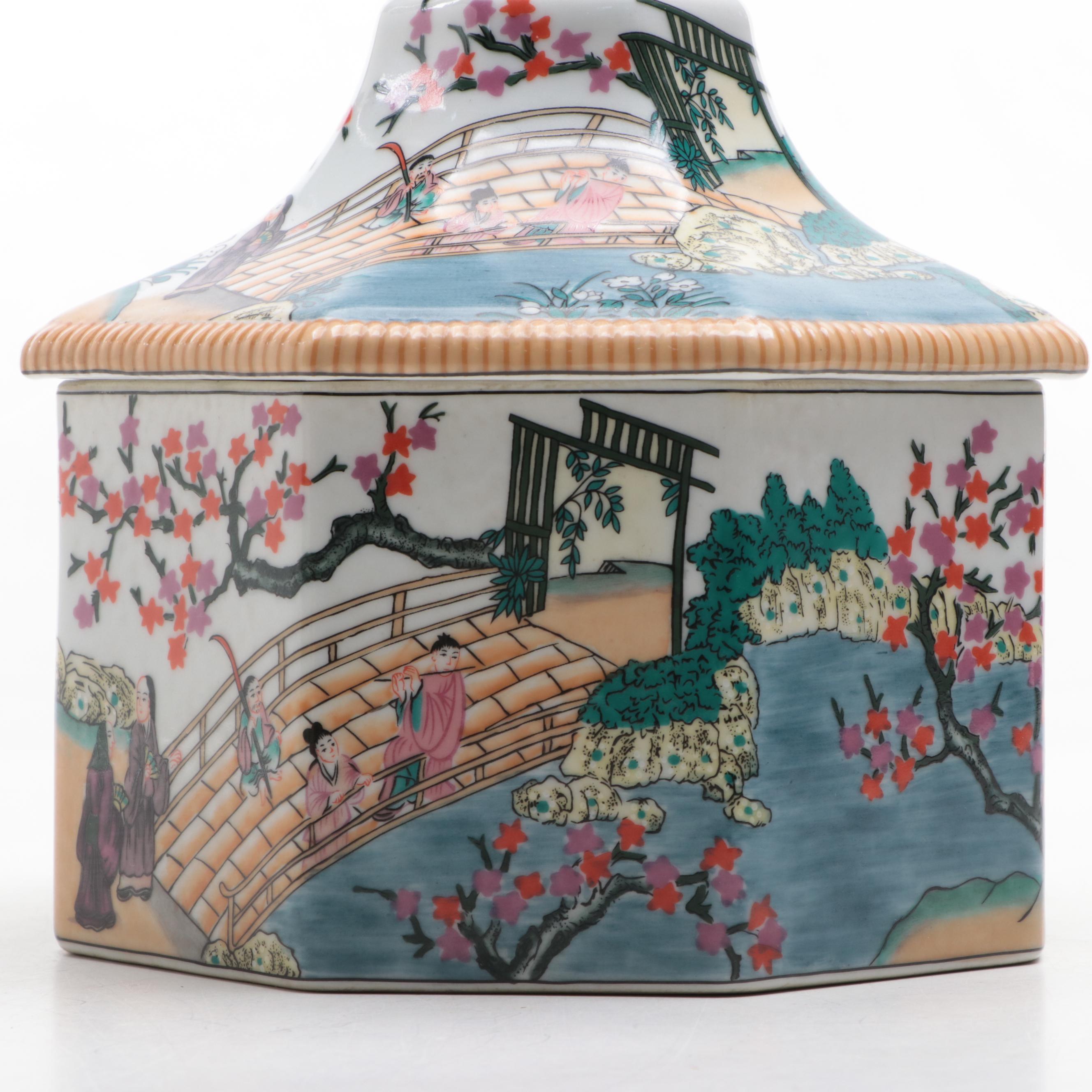 Gump's San Francisco Chinese Garden Scene Porcelain Octagonal Jar