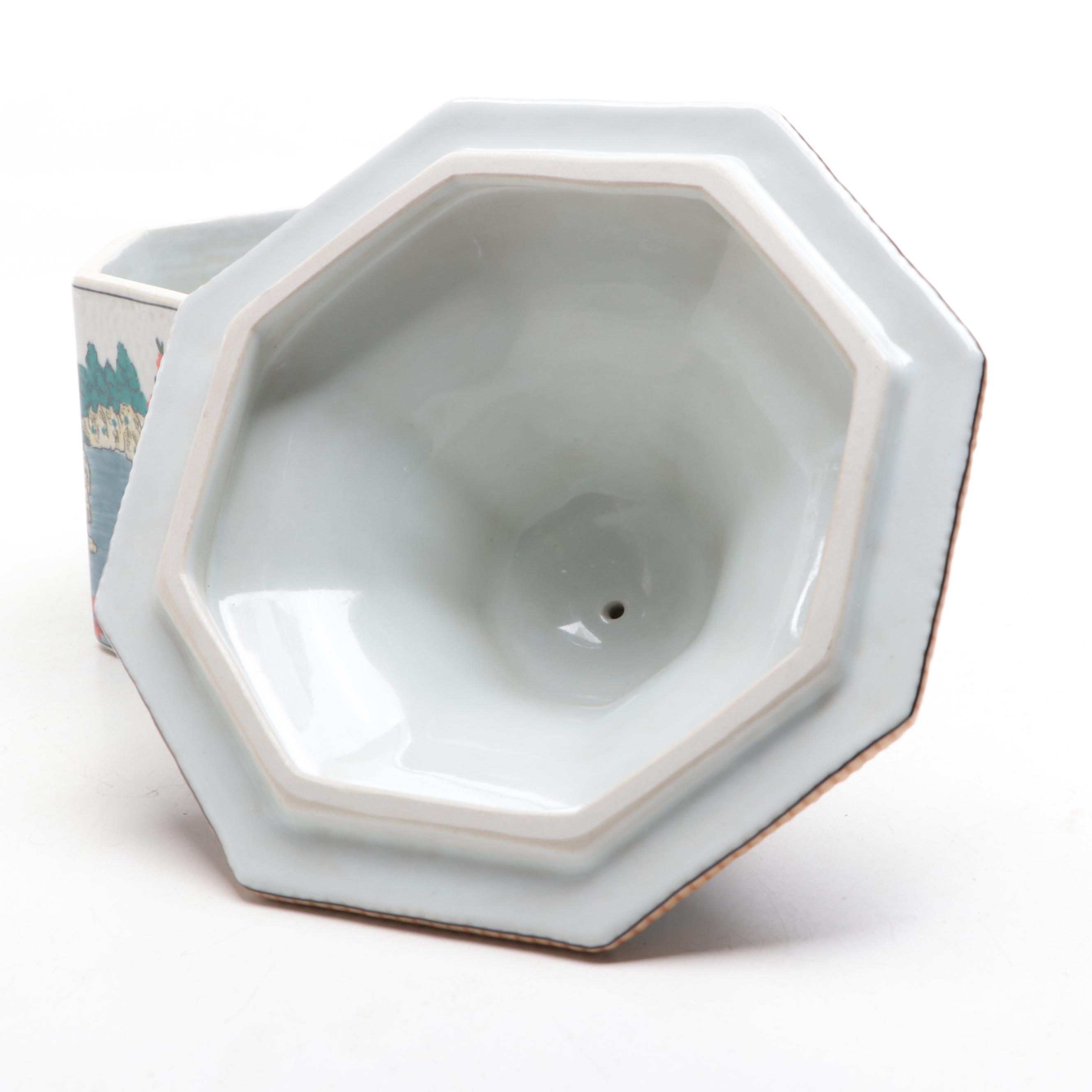 Gump's San Francisco Chinese Garden Scene Porcelain Octagonal Jar