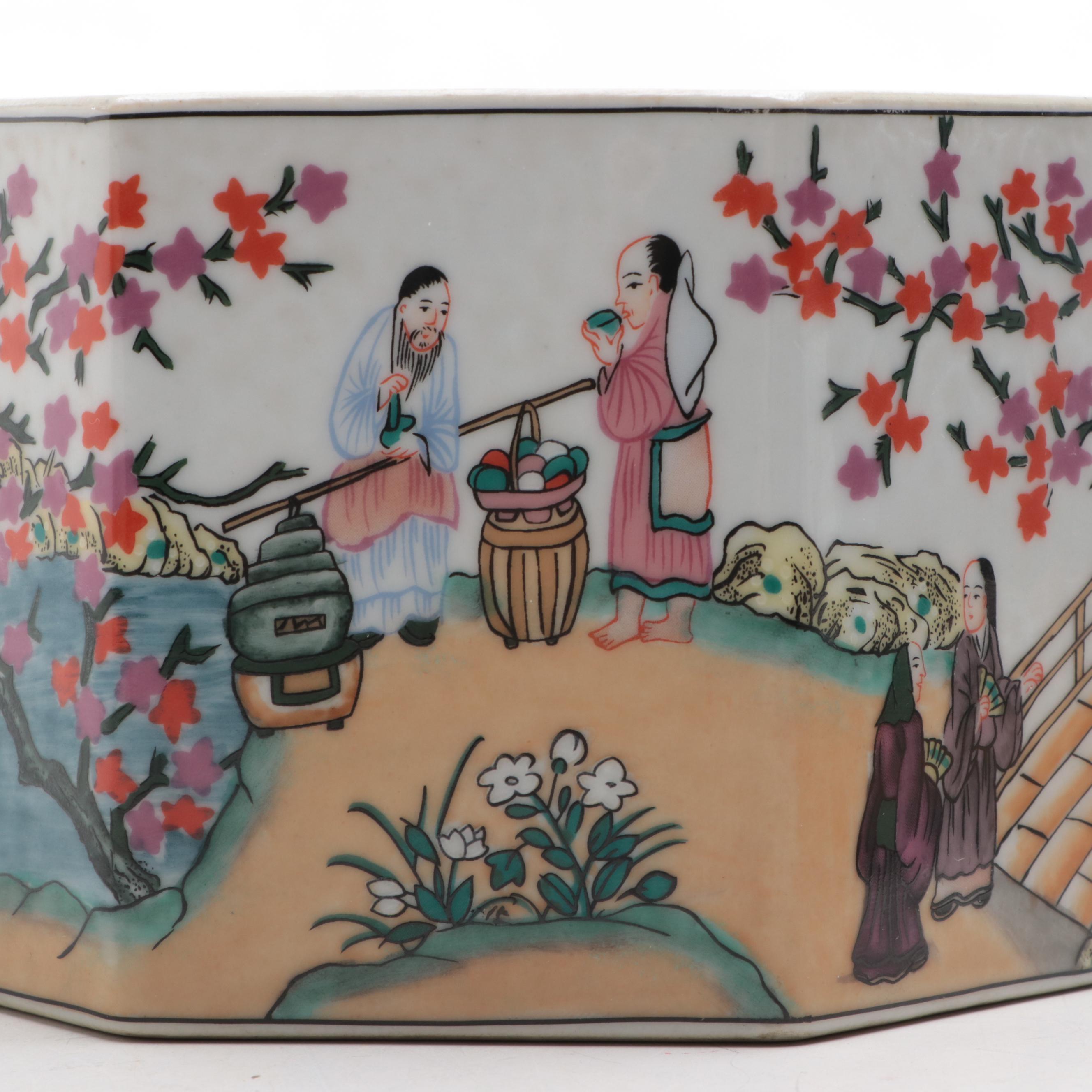 Gump's San Francisco Chinese Garden Scene Porcelain Octagonal Jar