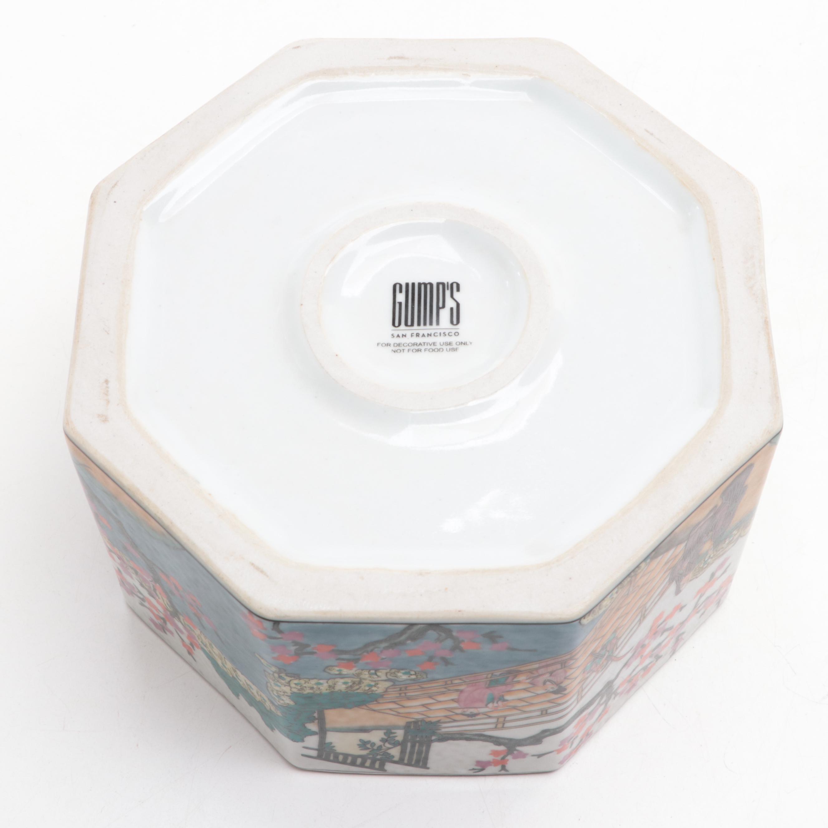 Gump's San Francisco Chinese Garden Scene Porcelain Octagonal Jar