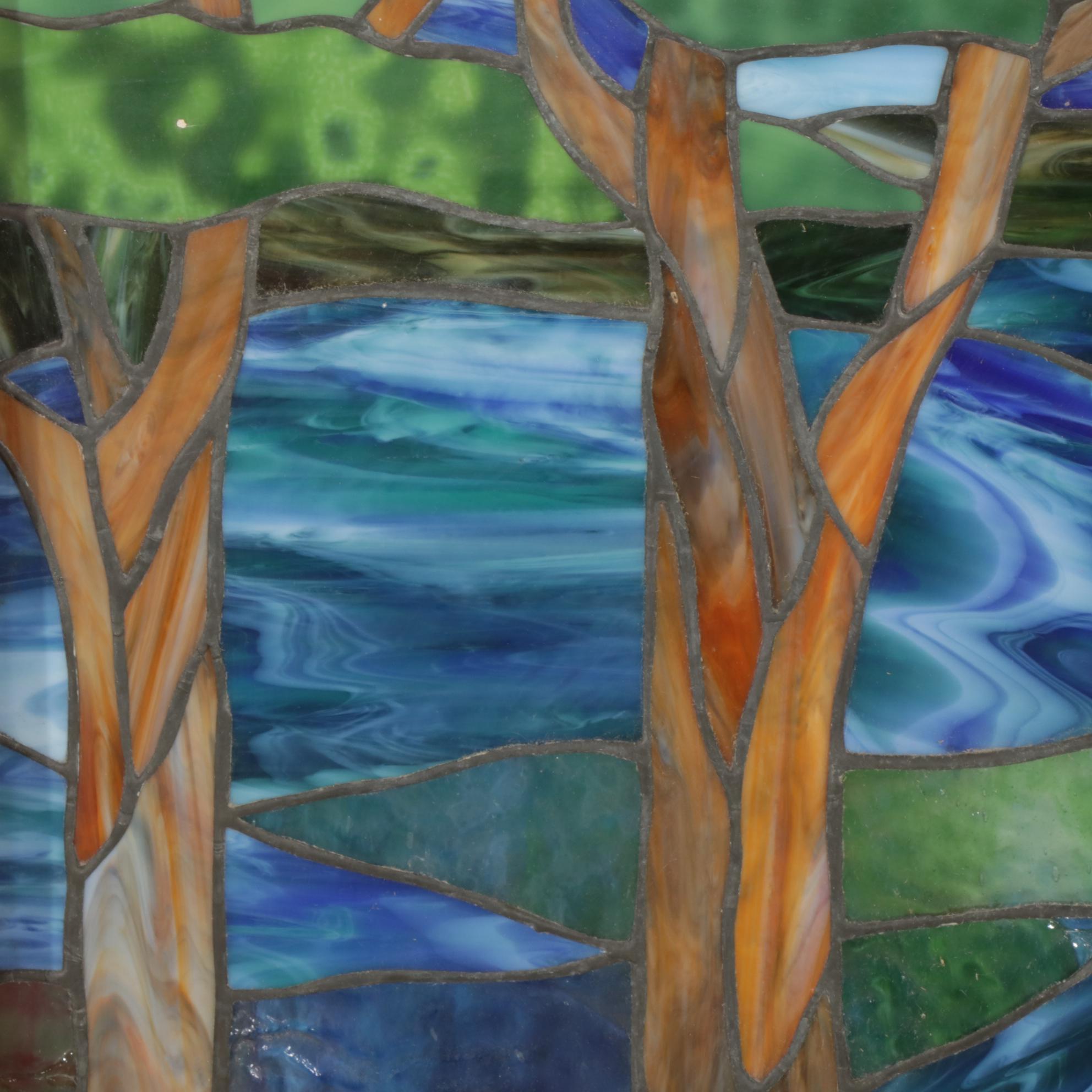 Arts and Crafts Style Landscape Slag Glass Window Panel, Late 20th Century