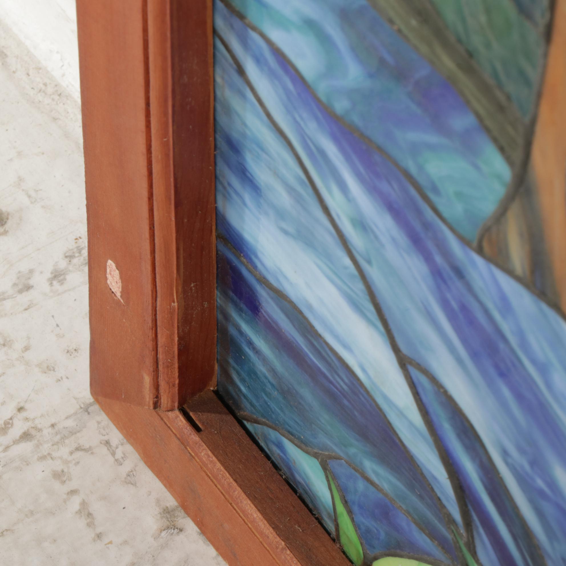 Arts and Crafts Style Landscape Slag Glass Window Panel, Late 20th Century