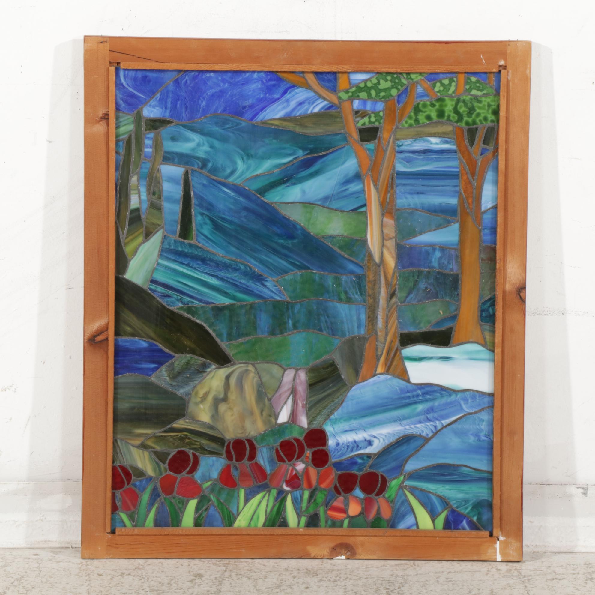 Arts and Crafts Style Landscape Slag Glass Window Panel, Late 20th Century