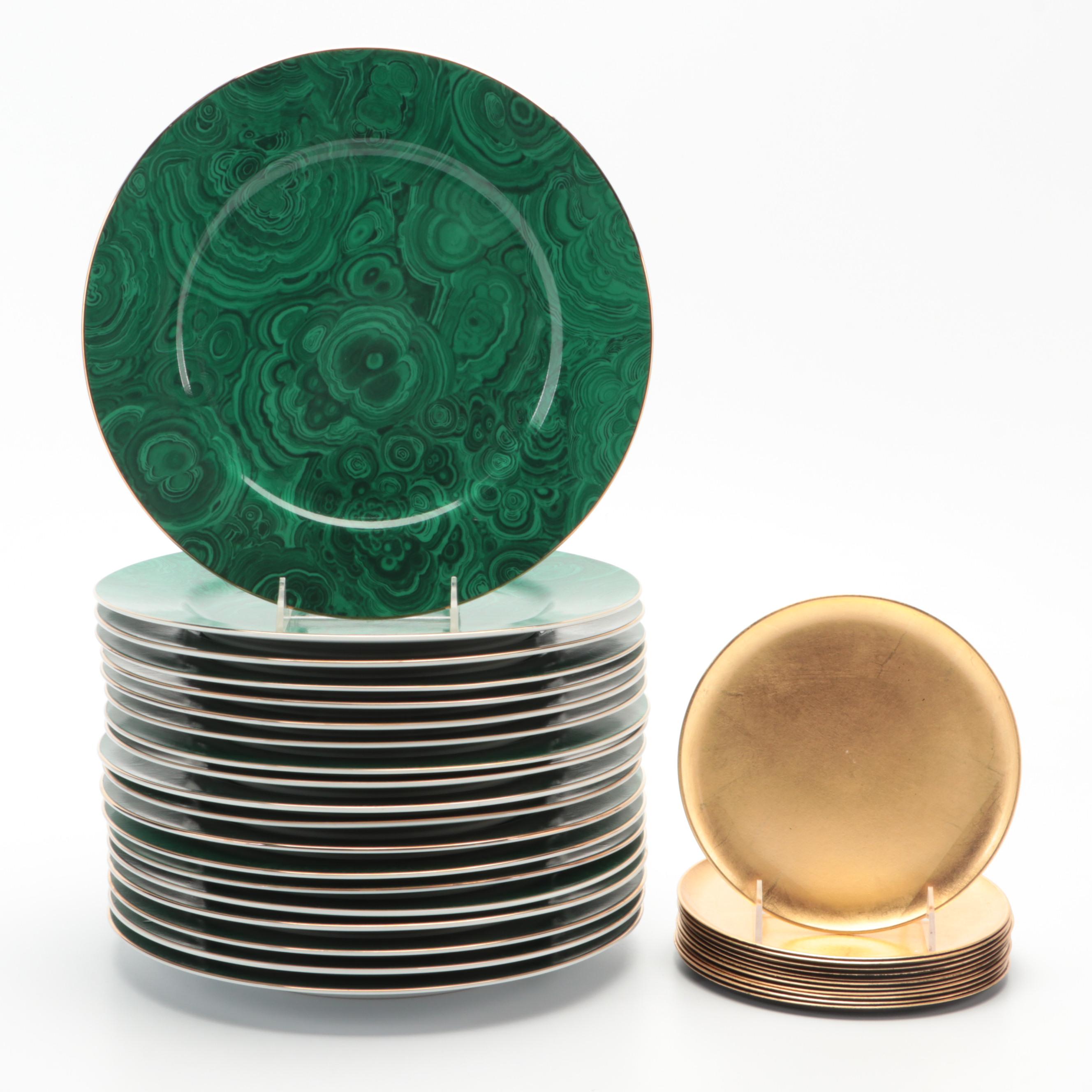 Neiman Marcus  Porcelain Malachite Dinnerware with Gilt Lacquerware Plates