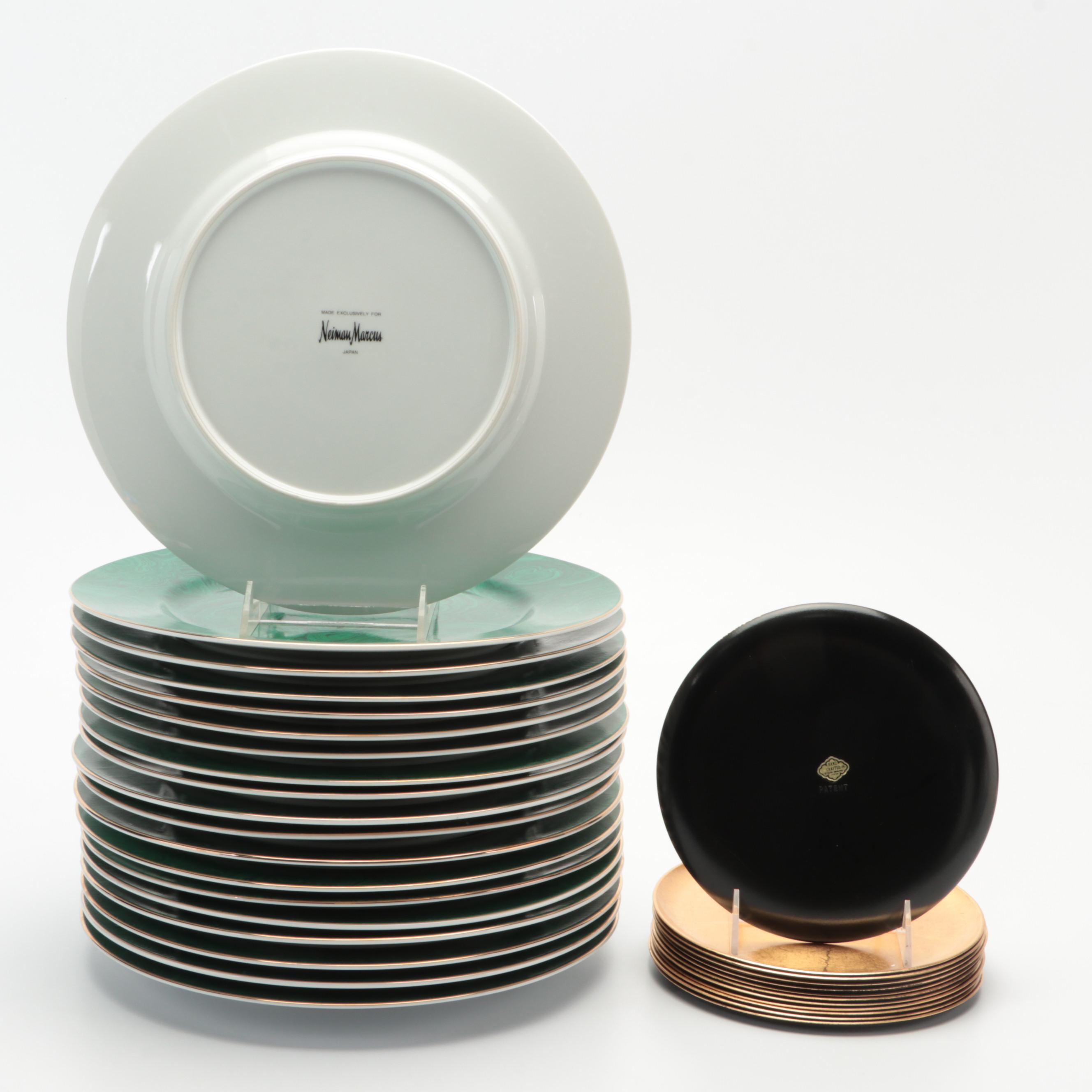Neiman Marcus  Porcelain Malachite Dinnerware with Gilt Lacquerware Plates
