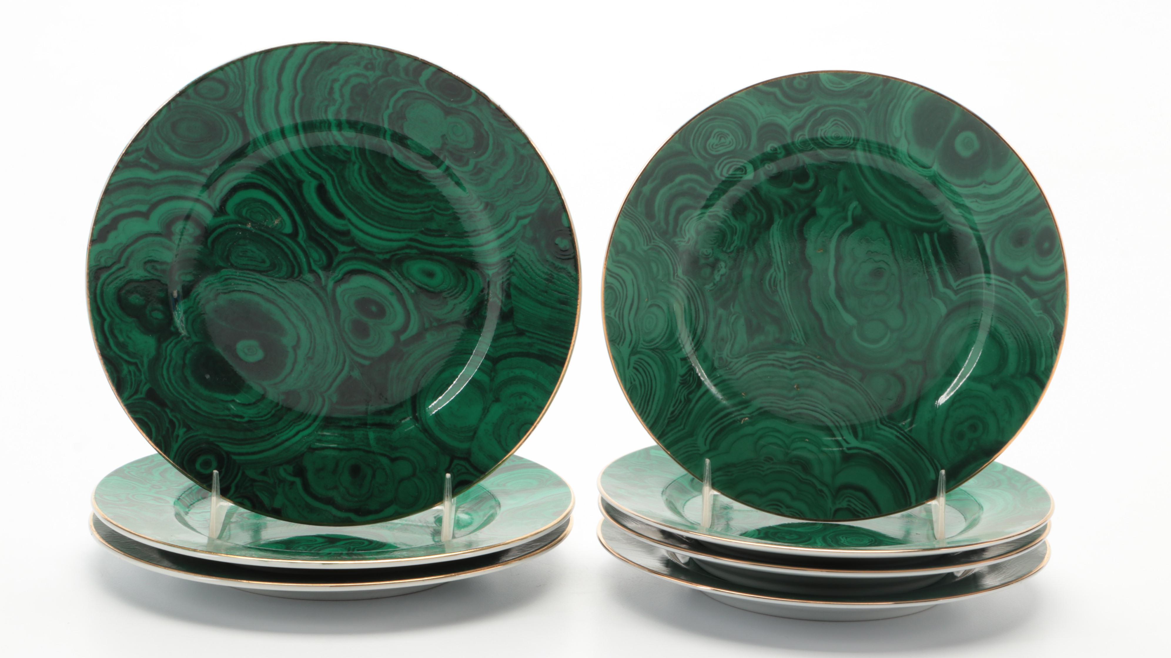 Neiman Marcus  Porcelain Malachite Dinnerware with Gilt Lacquerware Plates