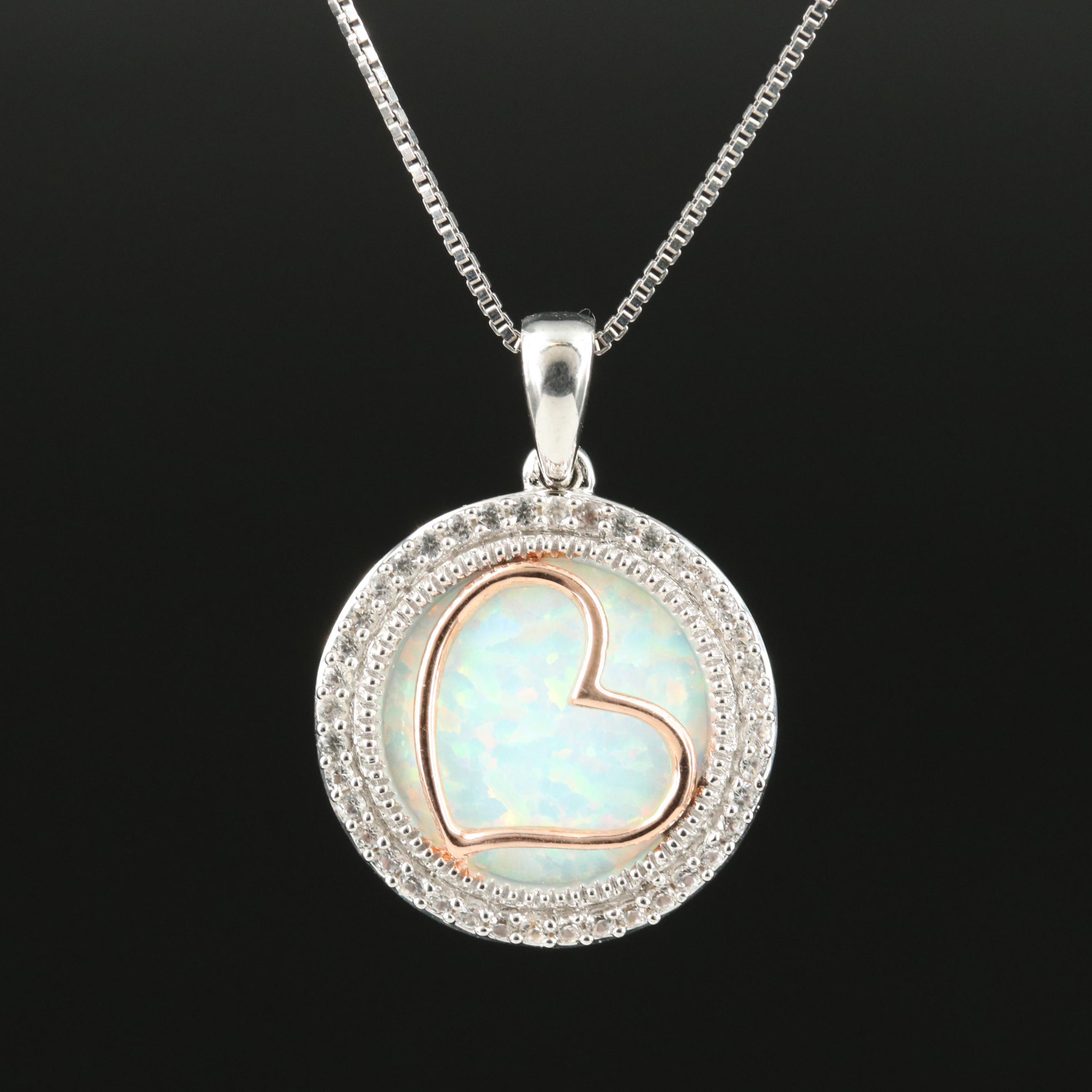 Sterling Opal and Sapphire Heart Pendant Necklace