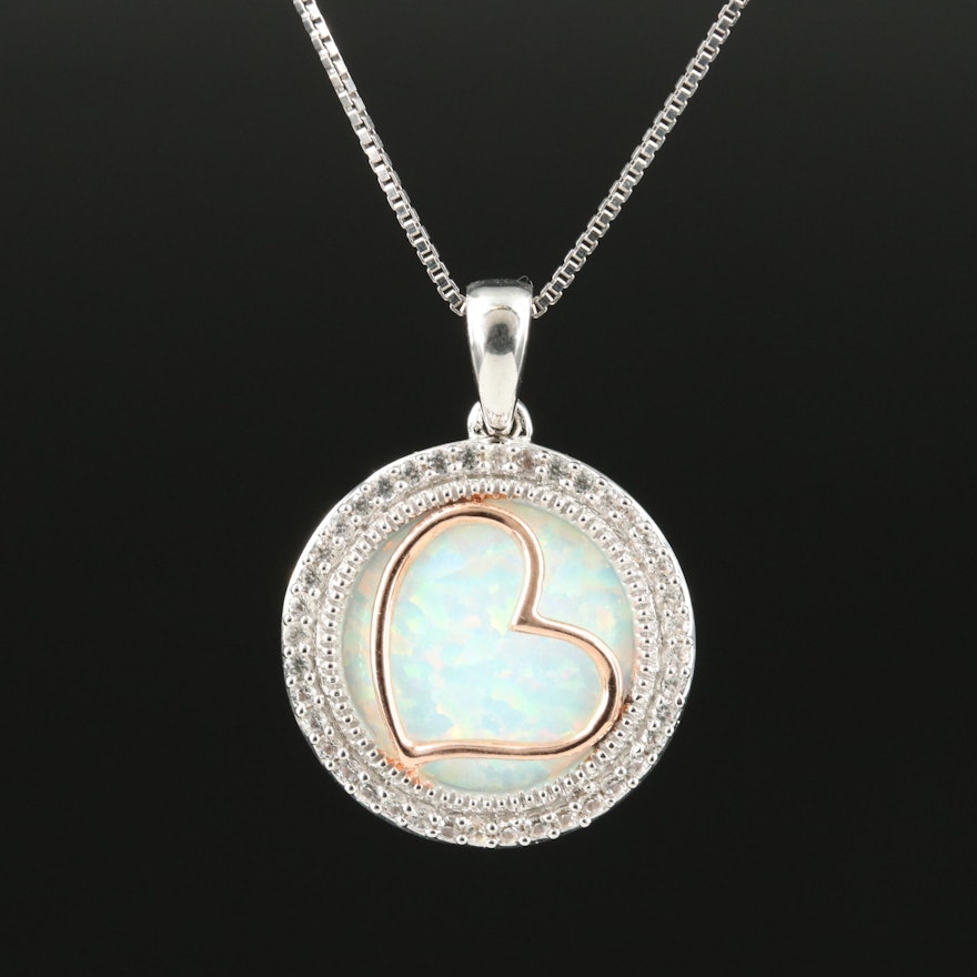 Sterling Opal and Sapphire Heart Pendant Necklace