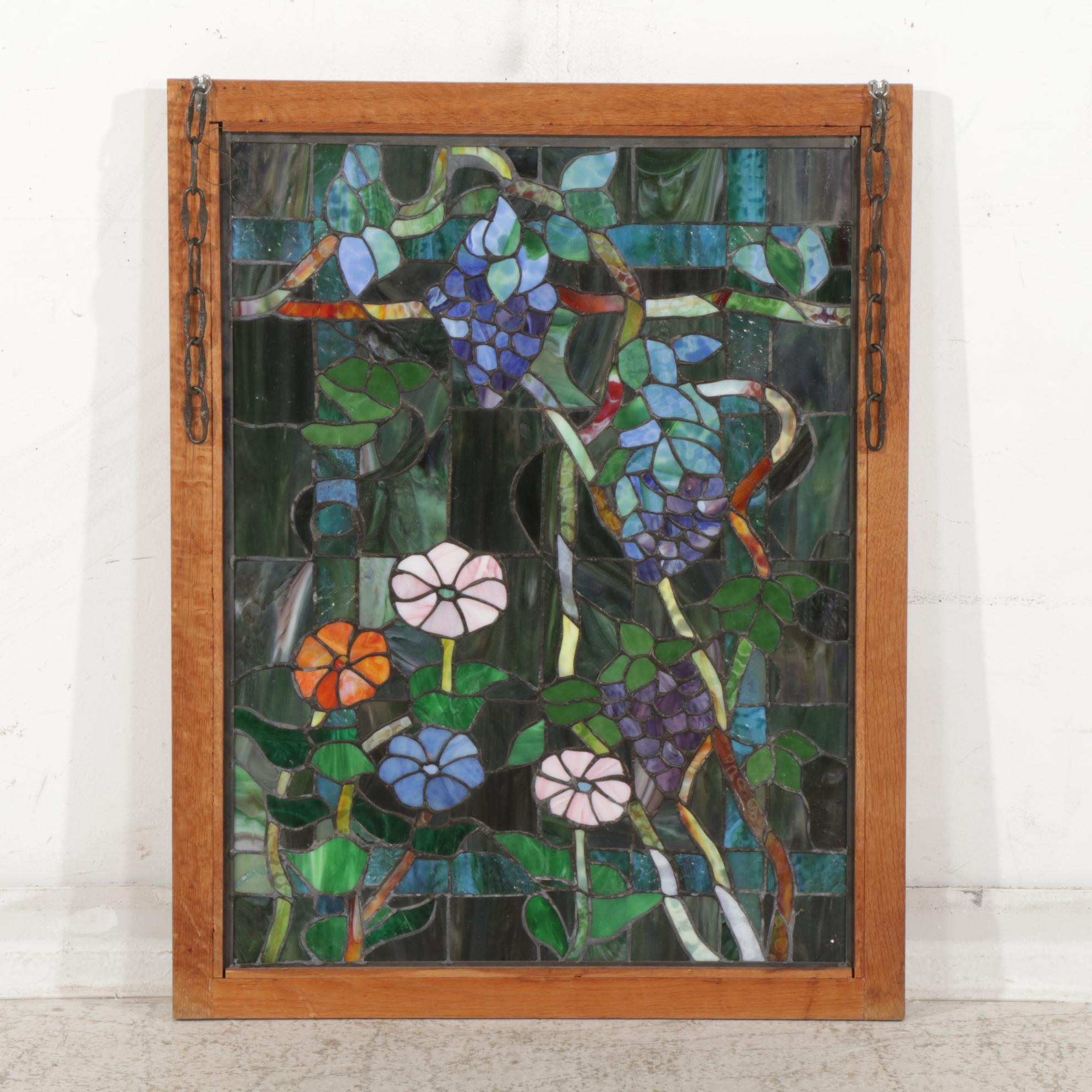 Arts and Crafts Style Slag Glass Hanging Panel of Grapevine and Flowers