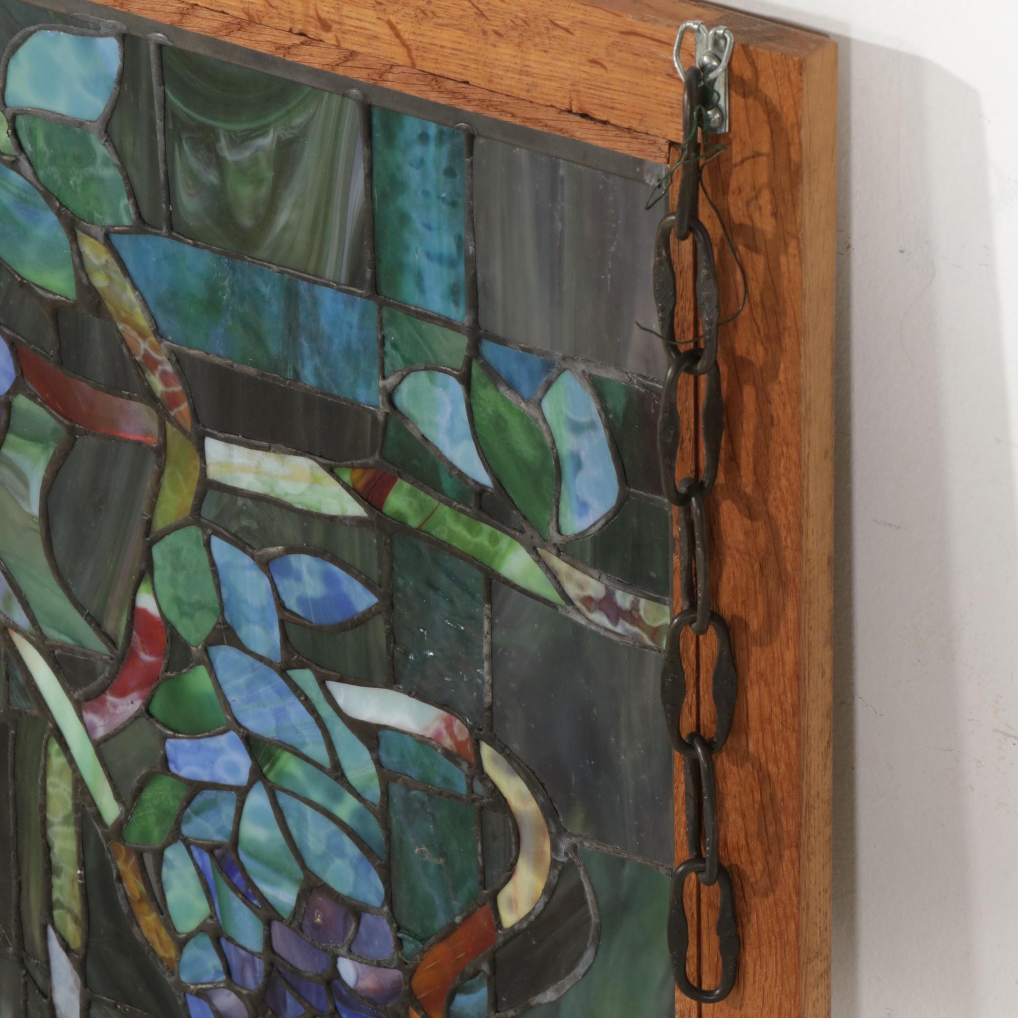 Arts and Crafts Style Slag Glass Hanging Panel of Grapevine and Flowers