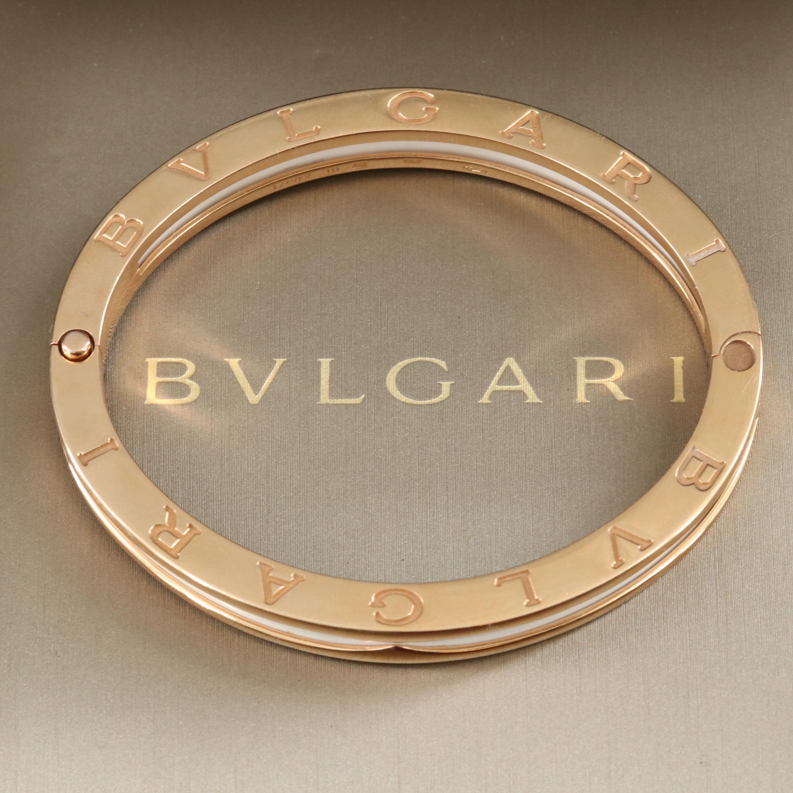 BVLGARI B. Zero1 18K Rose Gold White Enamel Hinged Bangle