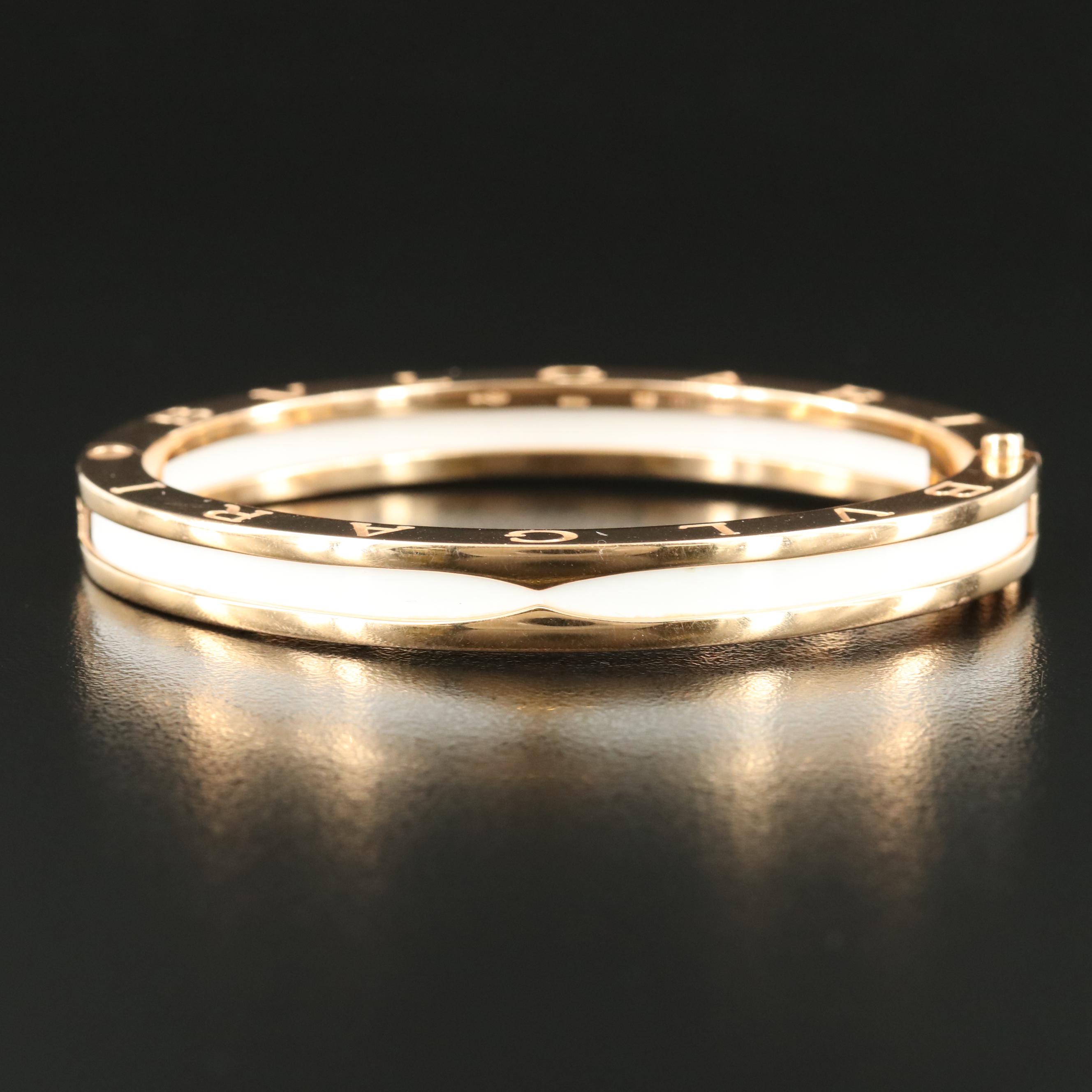 BVLGARI B. Zero1 18K Rose Gold White Enamel Hinged Bangle