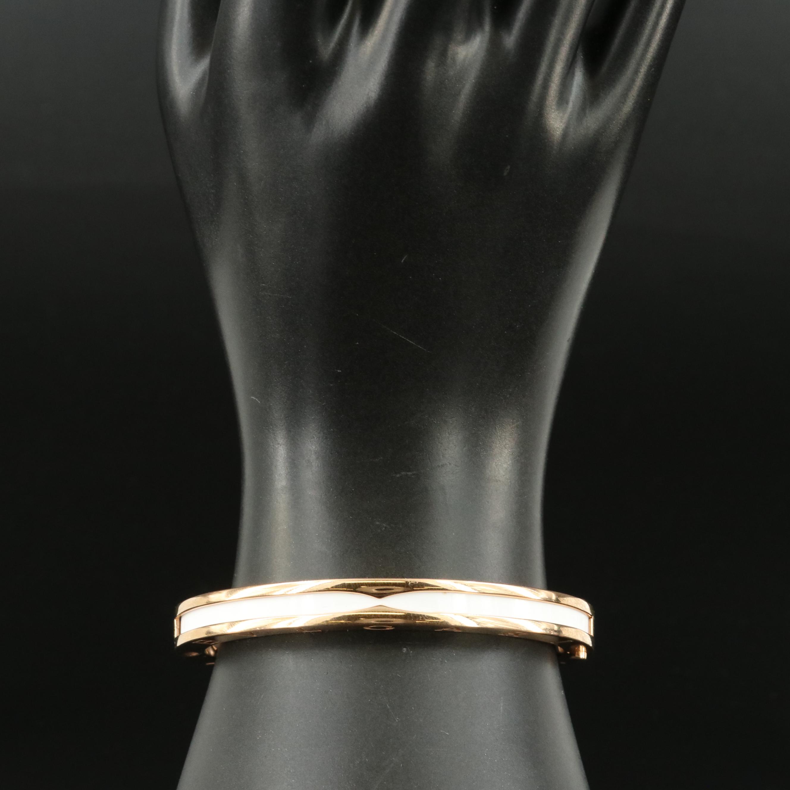 BVLGARI B. Zero1 18K Rose Gold White Enamel Hinged Bangle