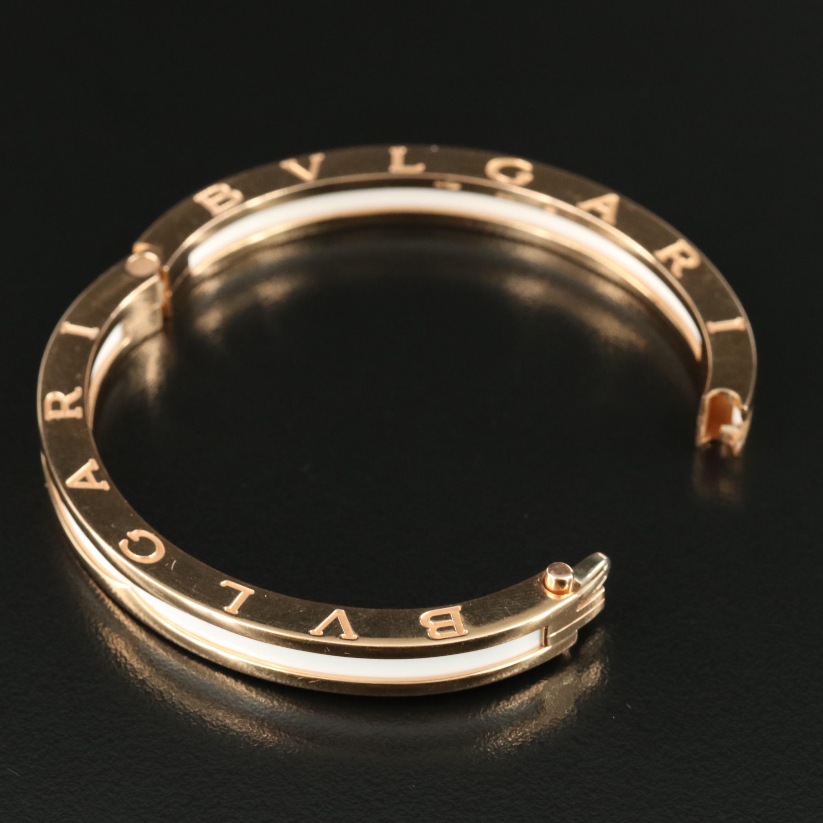 BVLGARI B. Zero1 18K Rose Gold White Enamel Hinged Bangle