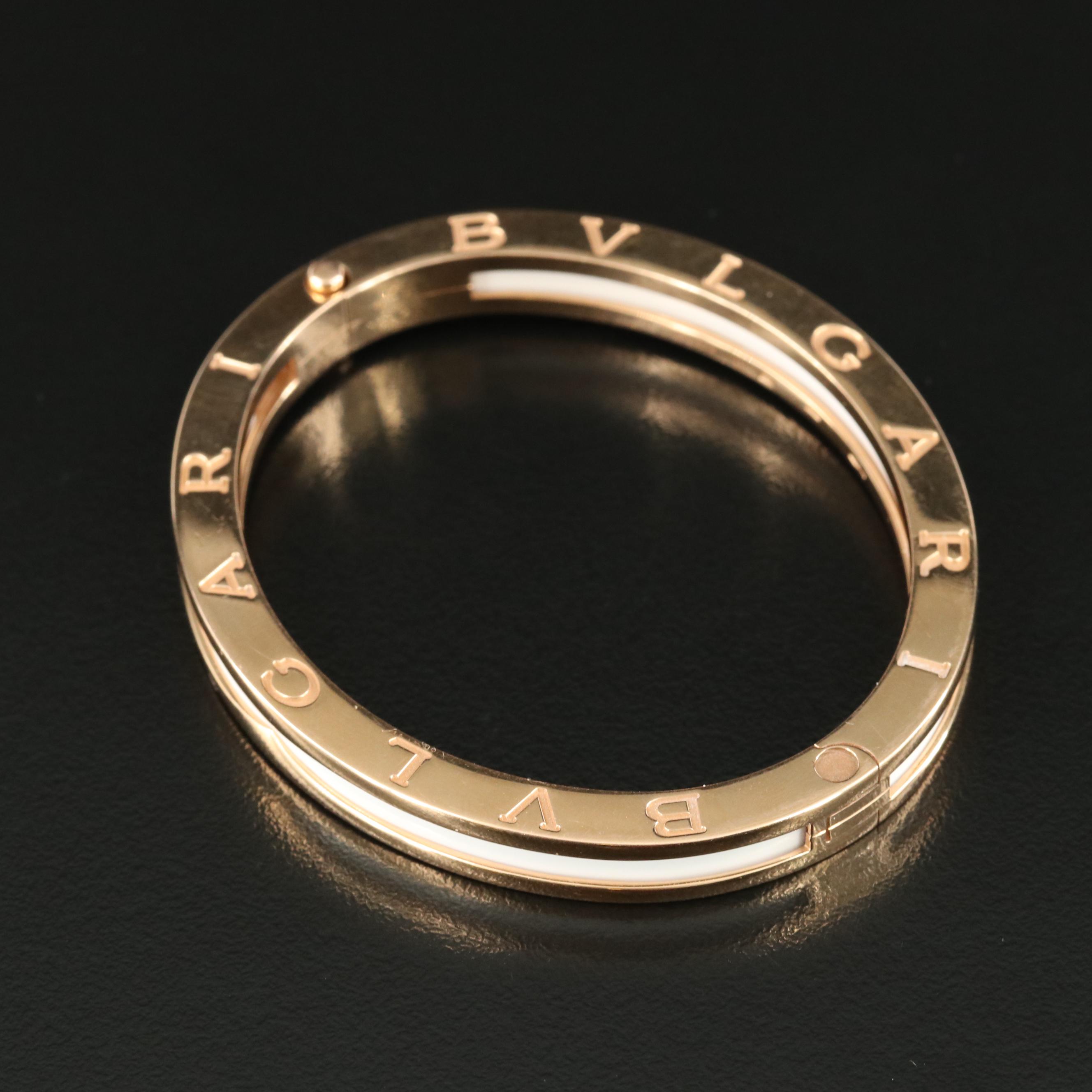 BVLGARI B. Zero1 18K Rose Gold White Enamel Hinged Bangle