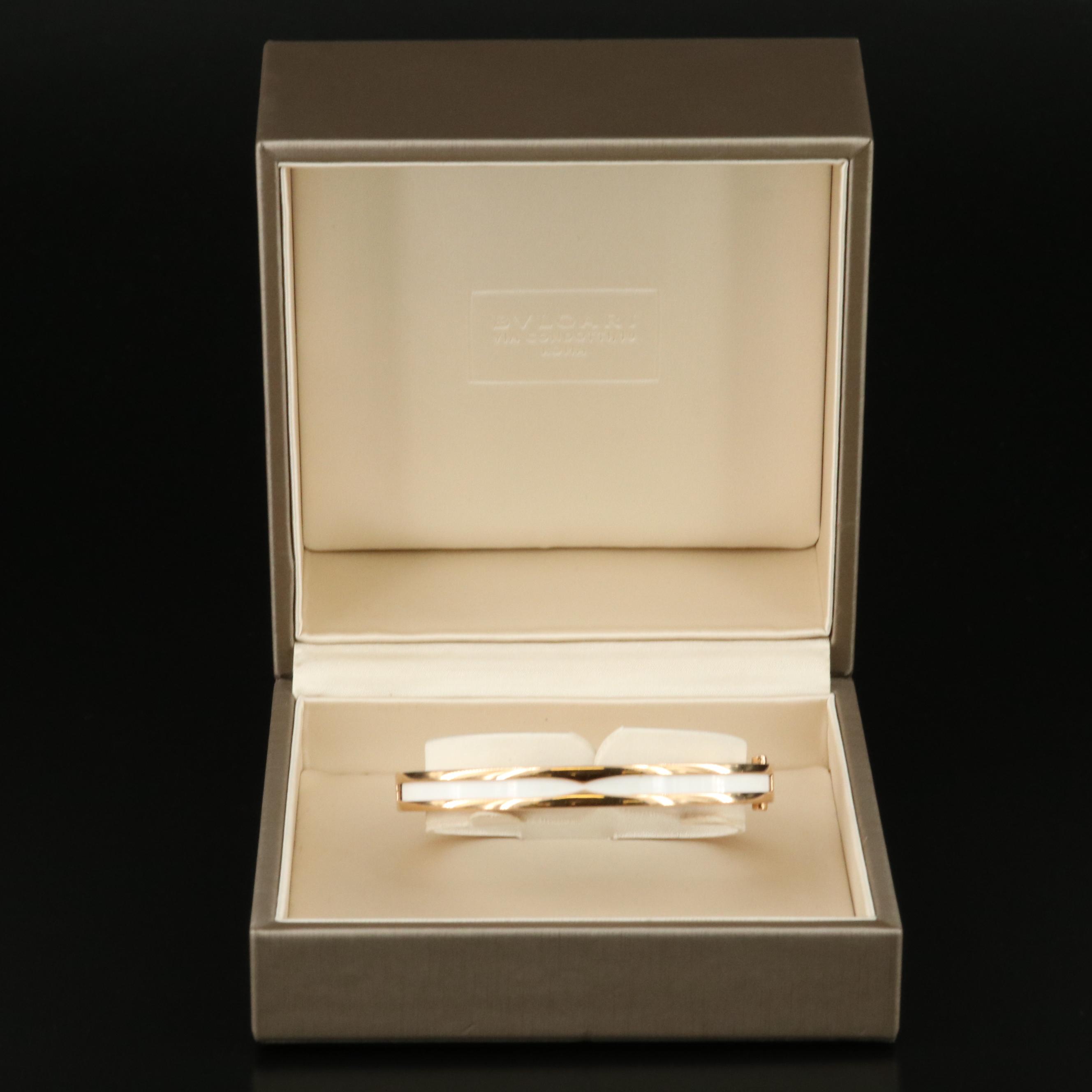 BVLGARI B. Zero1 18K Rose Gold White Enamel Hinged Bangle