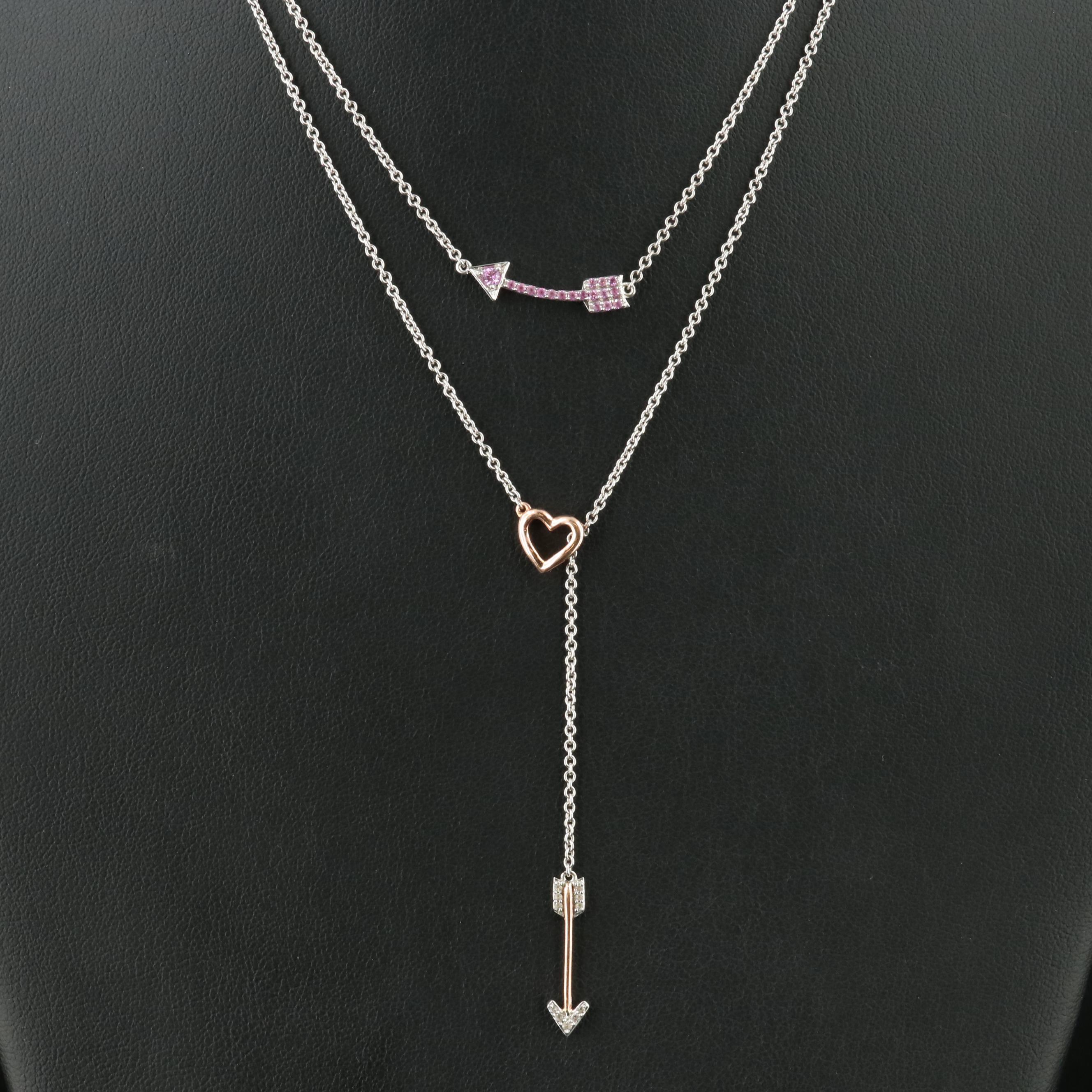 Sterling Sapphire Arrow and Heart Layer Necklace with 10K Rose Gold Accent